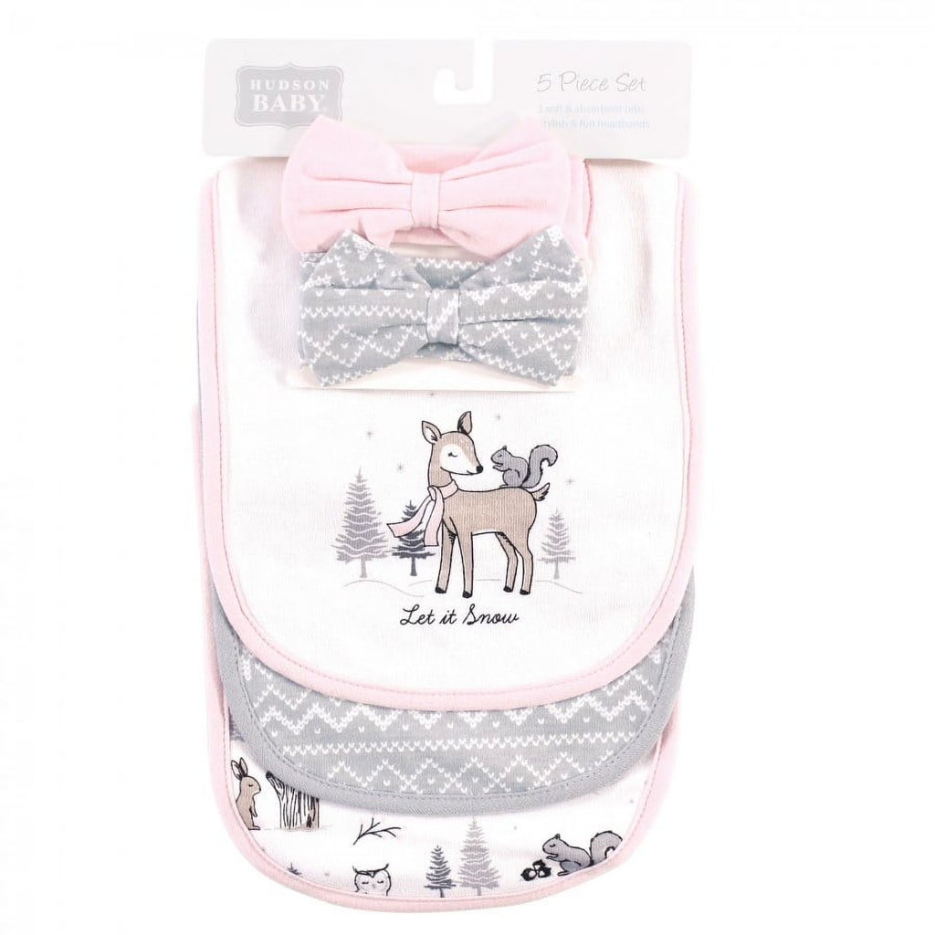 Hudson Baby Infant Girl Cotton Bib and Headband Set 5Pk, Winter Forest, One Size