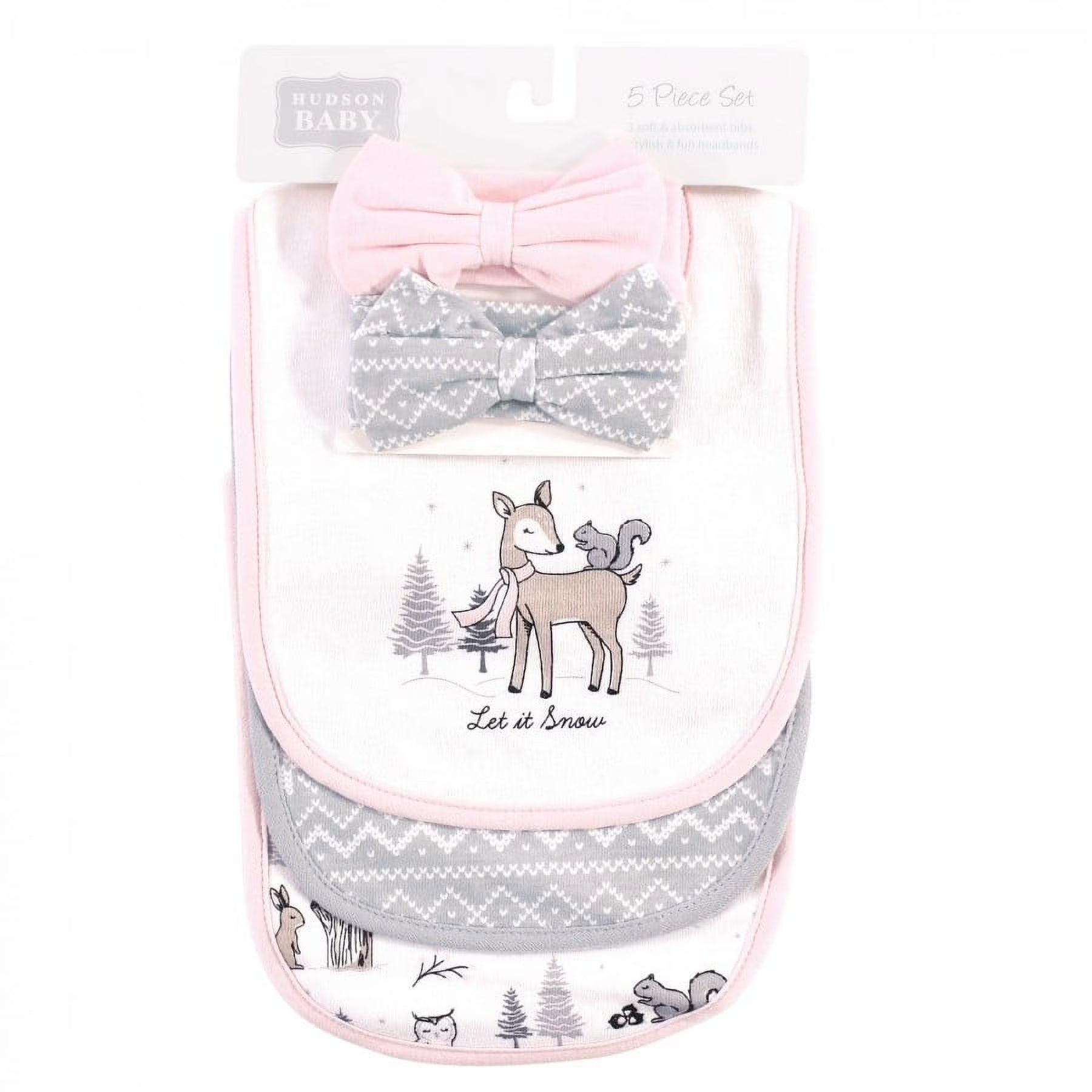 Hudson Baby Infant Girl Cotton Bib and Headband Set 5Pk, Winter Forest, One Size