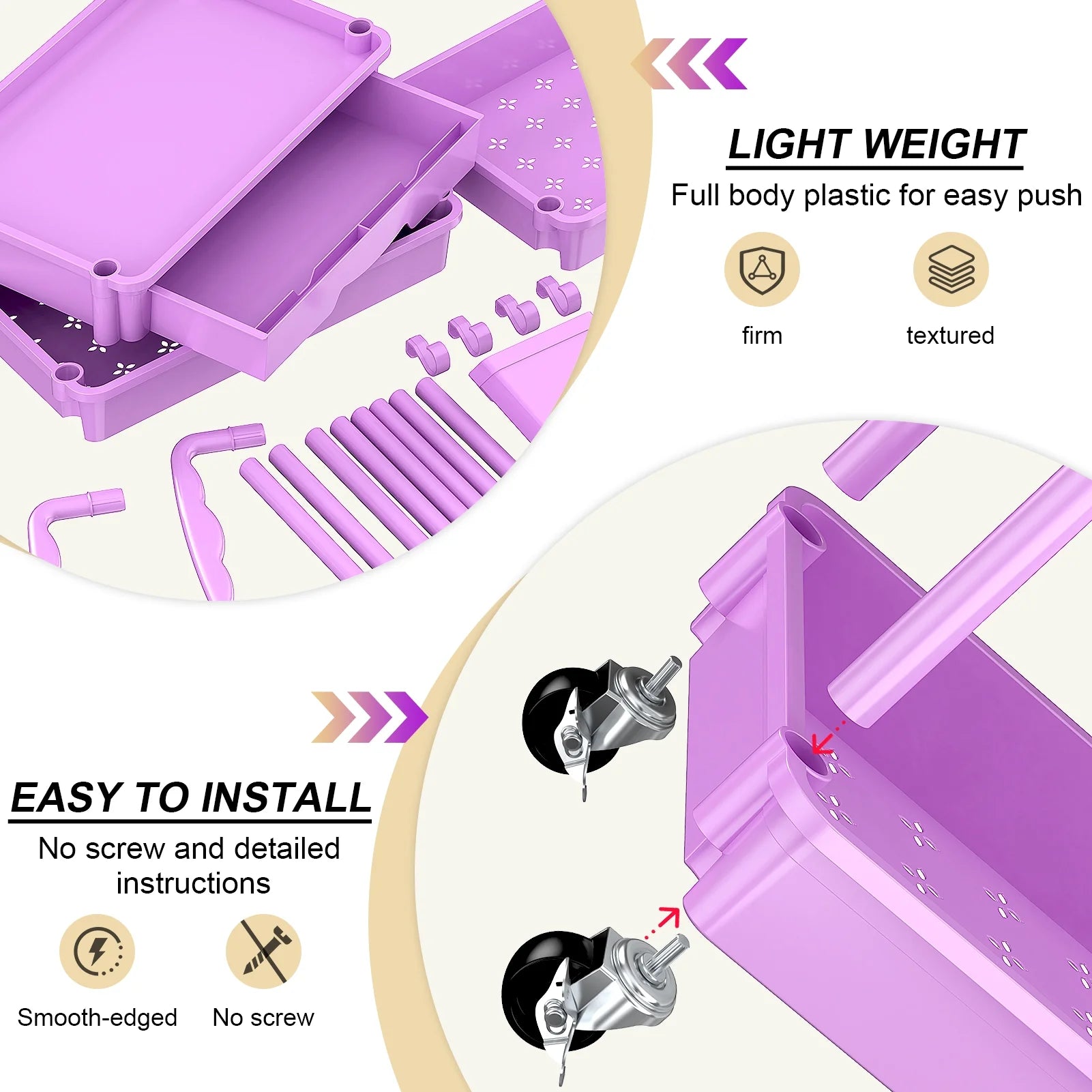 Yeabett 4 Tier Rolling Utility Cart Organizer with Removable Drawer, Mobile Storage Carts with 2 Lockable Wheels for Bathroom, Kitchen, Snack, Craft, Makeup, Baby Essentials，Purple