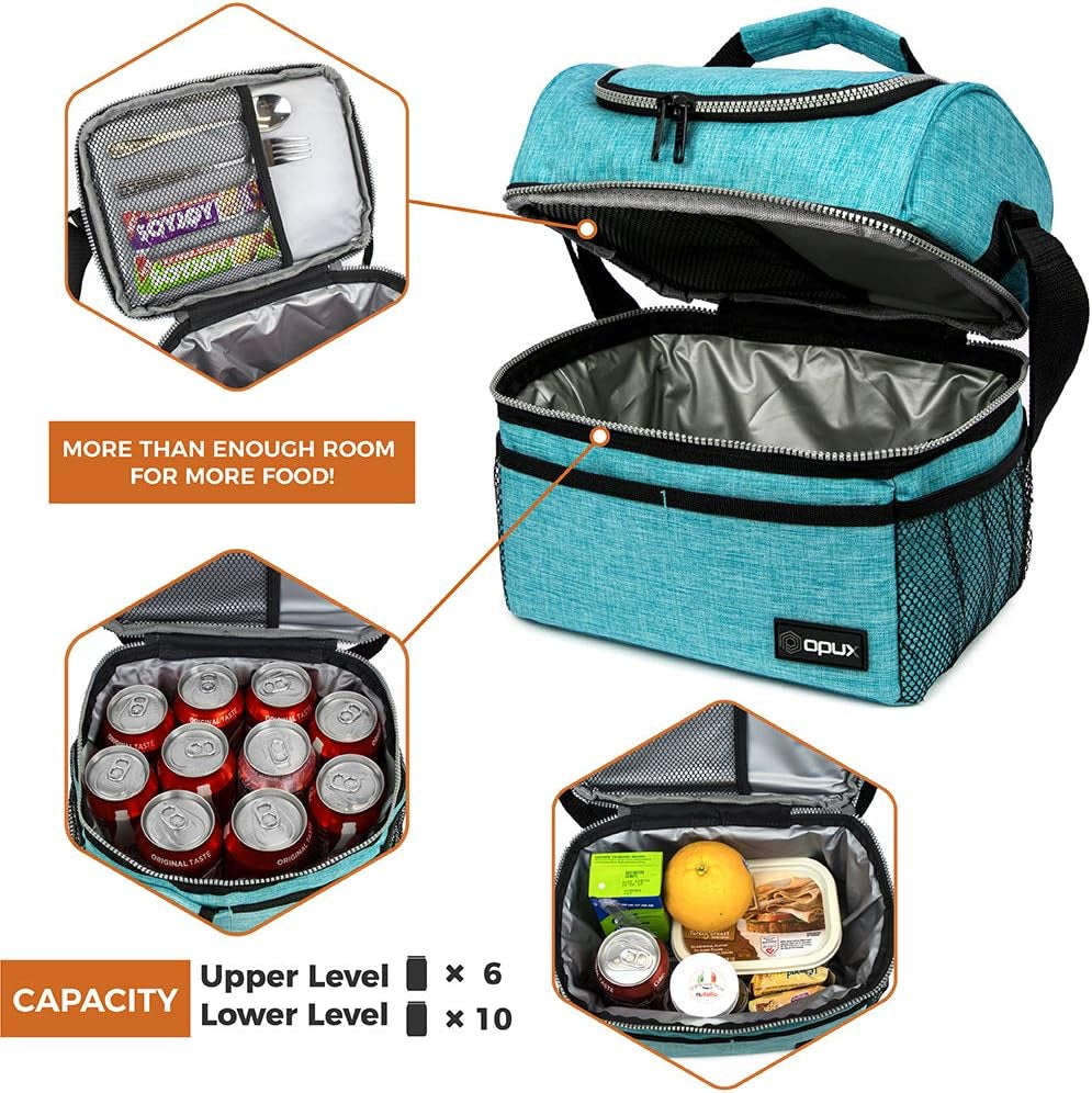 OPUX Insulated Double Decker Lunch Box - Large 12L Leakproof Cooler for Adults & Kids - Aqua Turquoise Soft Tote for Work & School Meal Prep