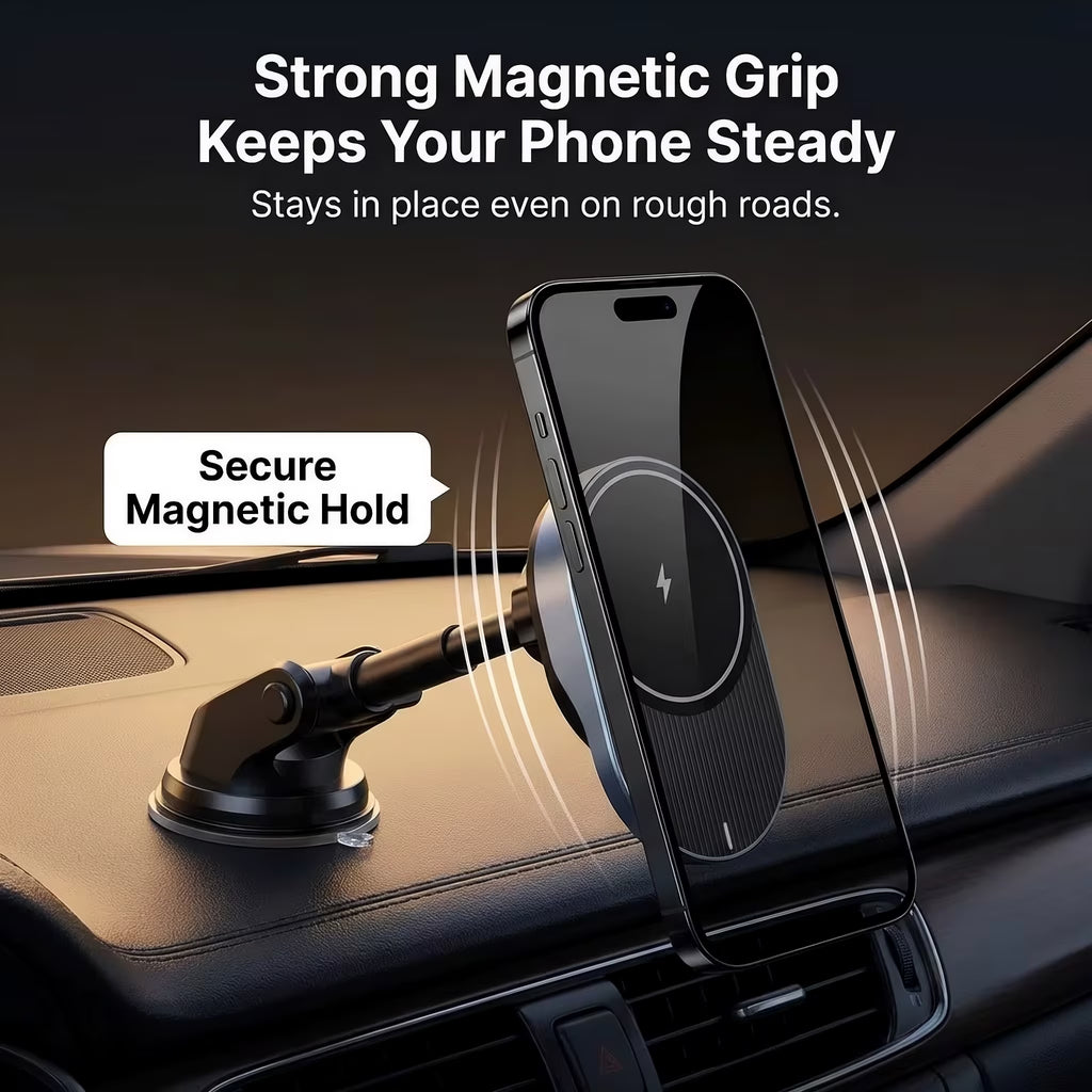 IJS Magnetic Wireless Car Charger with Built-In Retractable Cord and Extendable Windshield Dashboard Phone Mount, Magsafe Compatible, 15W