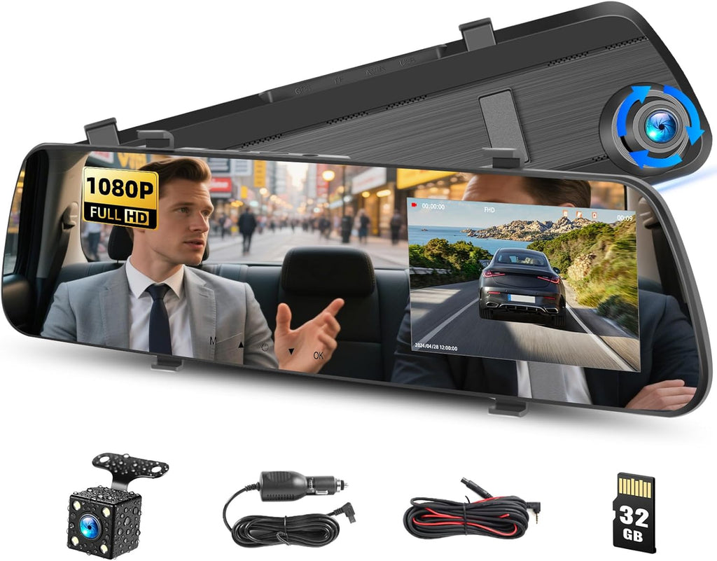 4 Inch Mirror Dash Cam,1080P Rear View Mirror Camera for Cars,Dual Dash Cameras Front and Rear HD Night Vision,24H Parking Monitoring,Loop Recording, Motion Detection,Reversing Assistance,32Gb TF Card