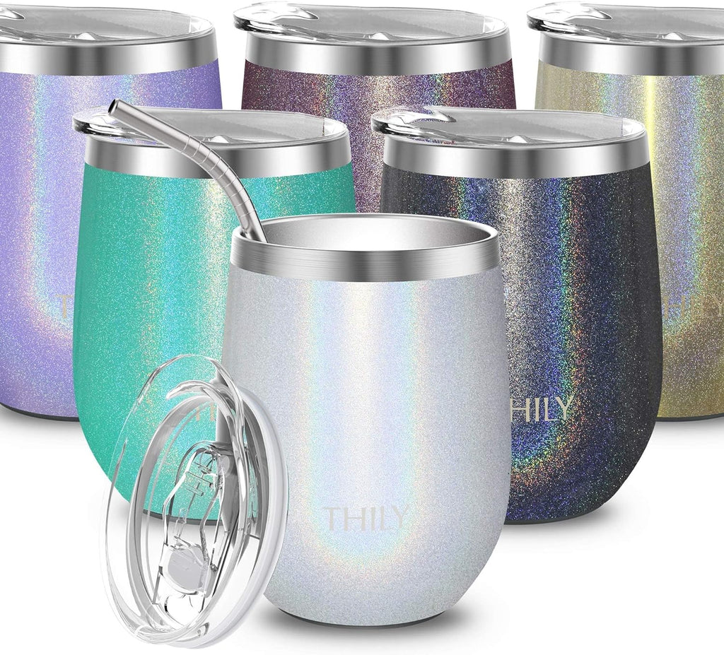 THILY 12Oz Glitter White Insulated Stainless Steel Wine Tumbler with Sliding Lid & Straw - Perfect for Coffee, Cocktails, and Cold Drinks!