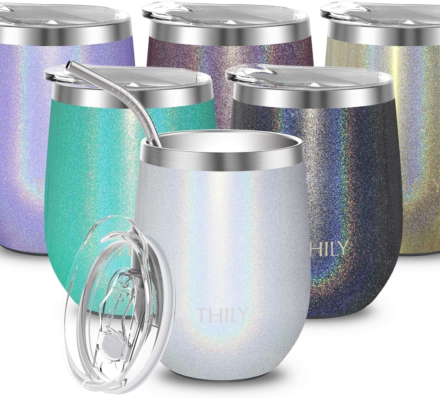 THILY 12Oz Glitter White Insulated Stainless Steel Wine Tumbler with Sliding Lid & Straw - Perfect for Coffee, Cocktails, and Cold Drinks!