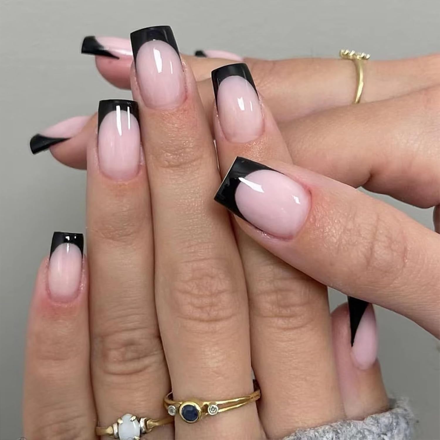 Stylish 6 Pack French Tip Press-On Nails - Almond, Square & Coffin Shapes in Elegant White & Bold Black, Complete with Glue!