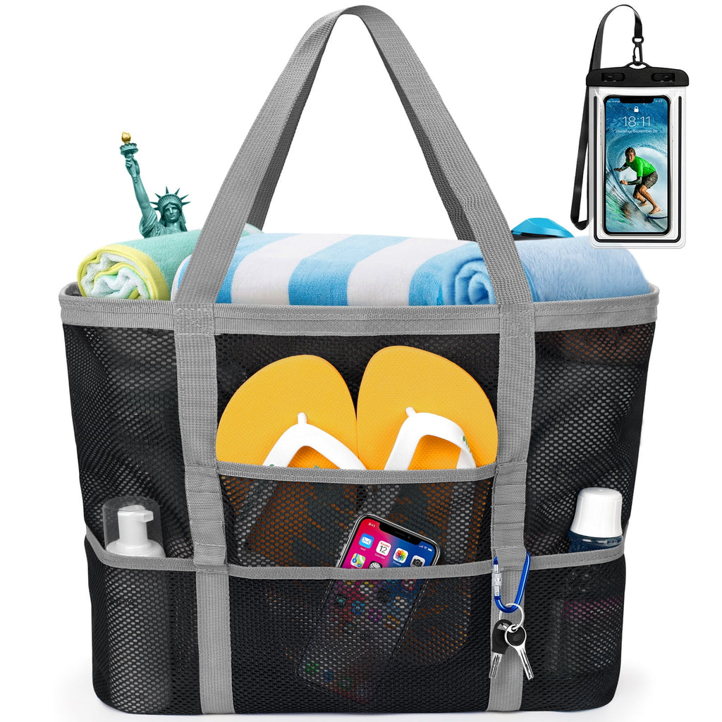 Livhil Mesh Beach Bag Rope Handles, Mesh Tote Bag for Women Contains Wicker Oversized Beach Tote Bag with 9 Small Pockets