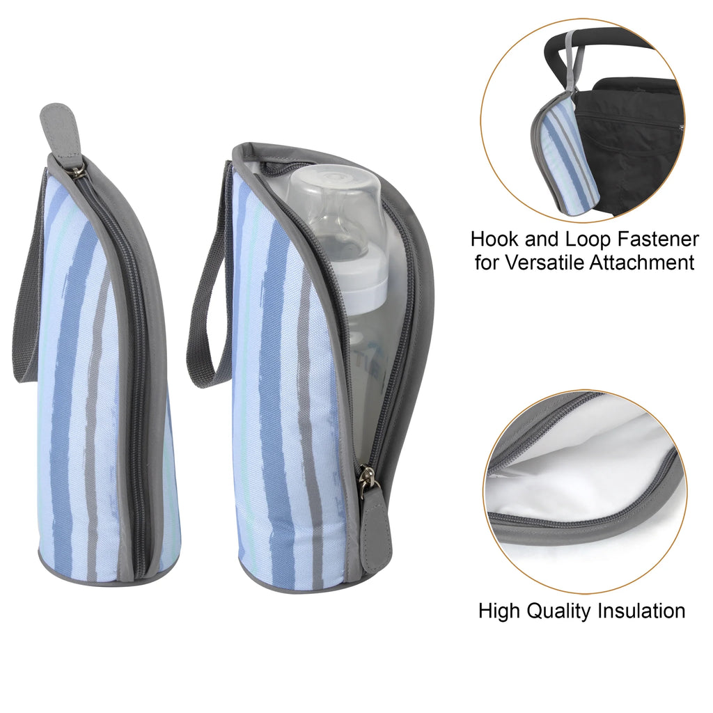 Baby Essentials 14.5"L Rainbow 5 Piece Multi-Pocket Diaper Bag Tote with Matching Changing Pad, Baby Wipes Case, Insulated Bottle Bag & Organizer Pouch for Newborns, Infants & Toddlers in Blue & Gray