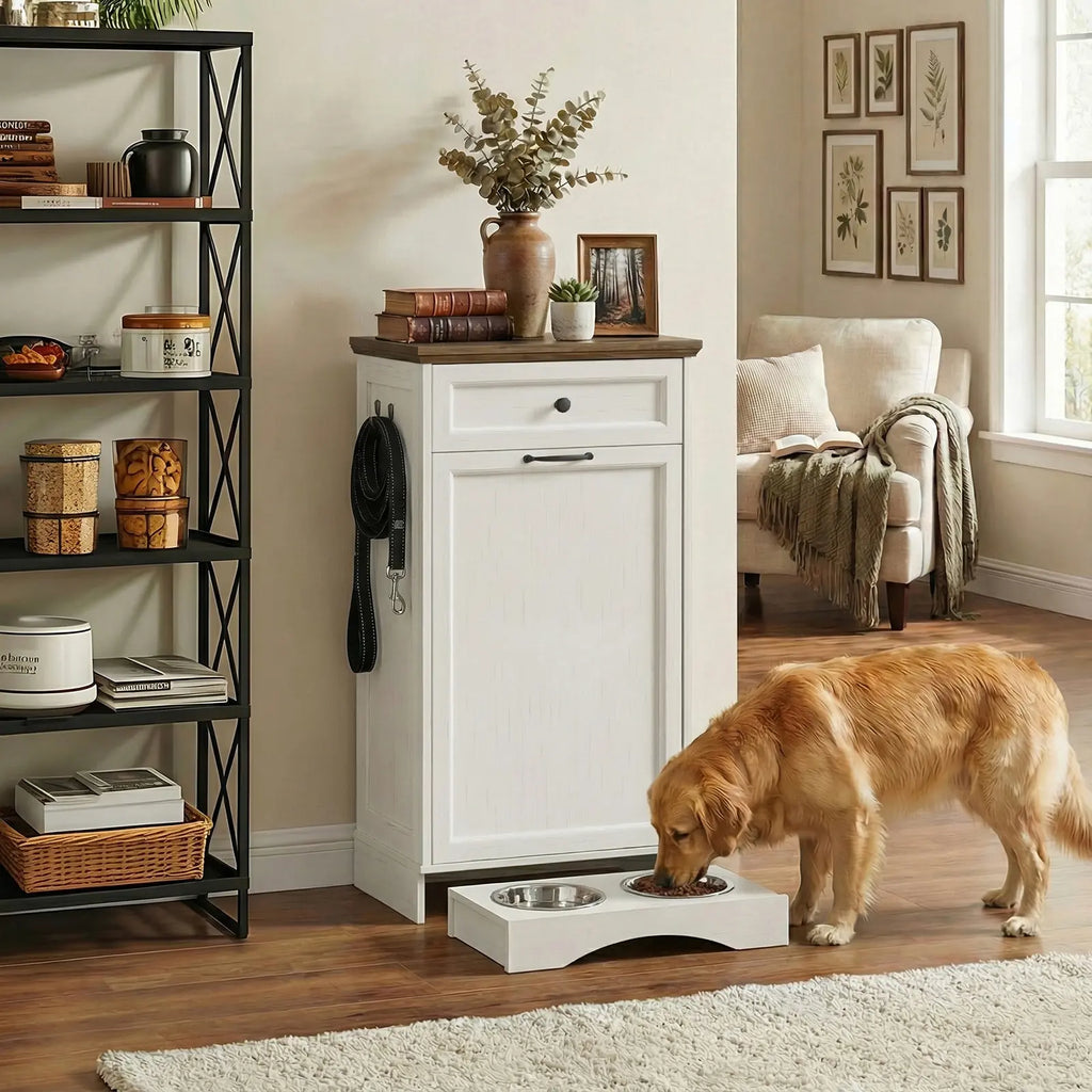Elevated Dog Feeding Station with Tilt-Out Food Cabinet and Drawer for Pet Feeding and Kitchen Storage
