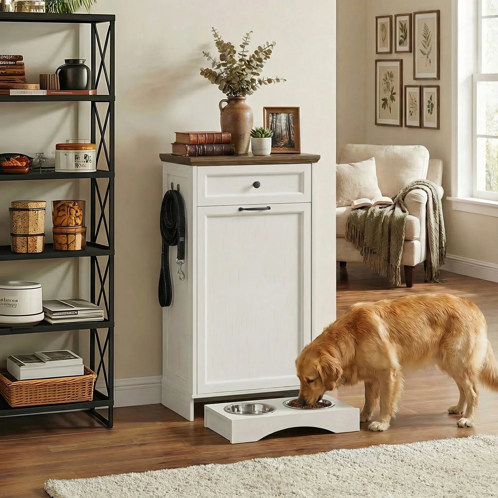 Elevated Dog Feeding Station with Tilt-Out Food Cabinet and Drawer for Pet Feeding and Kitchen Storage