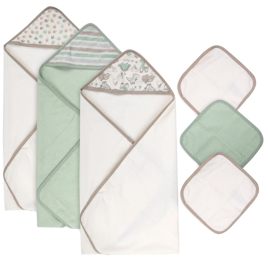 Baby Essentials 6 Piece Hooded Bath Towel Washcloth Set for Infant, Newborns, Toddlers 3 – 24 Months for Bath Time, Showers, Lounge, Beach, Pool in Dinosaurs & Stripes