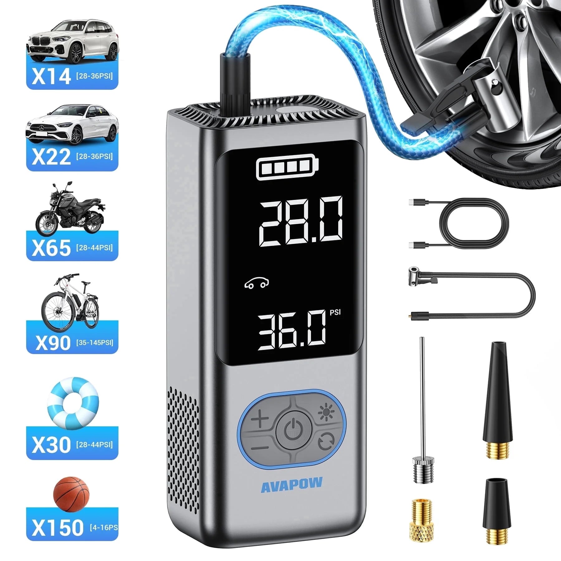 Cordless Tire Inflator Portable Air Compressor, Air Pump with LED Light and Digital Pressure Gauge, 150PSI, 8000Mah Long Range Battery, Electric Pump for Car Tires, Bike, Motorcycle
