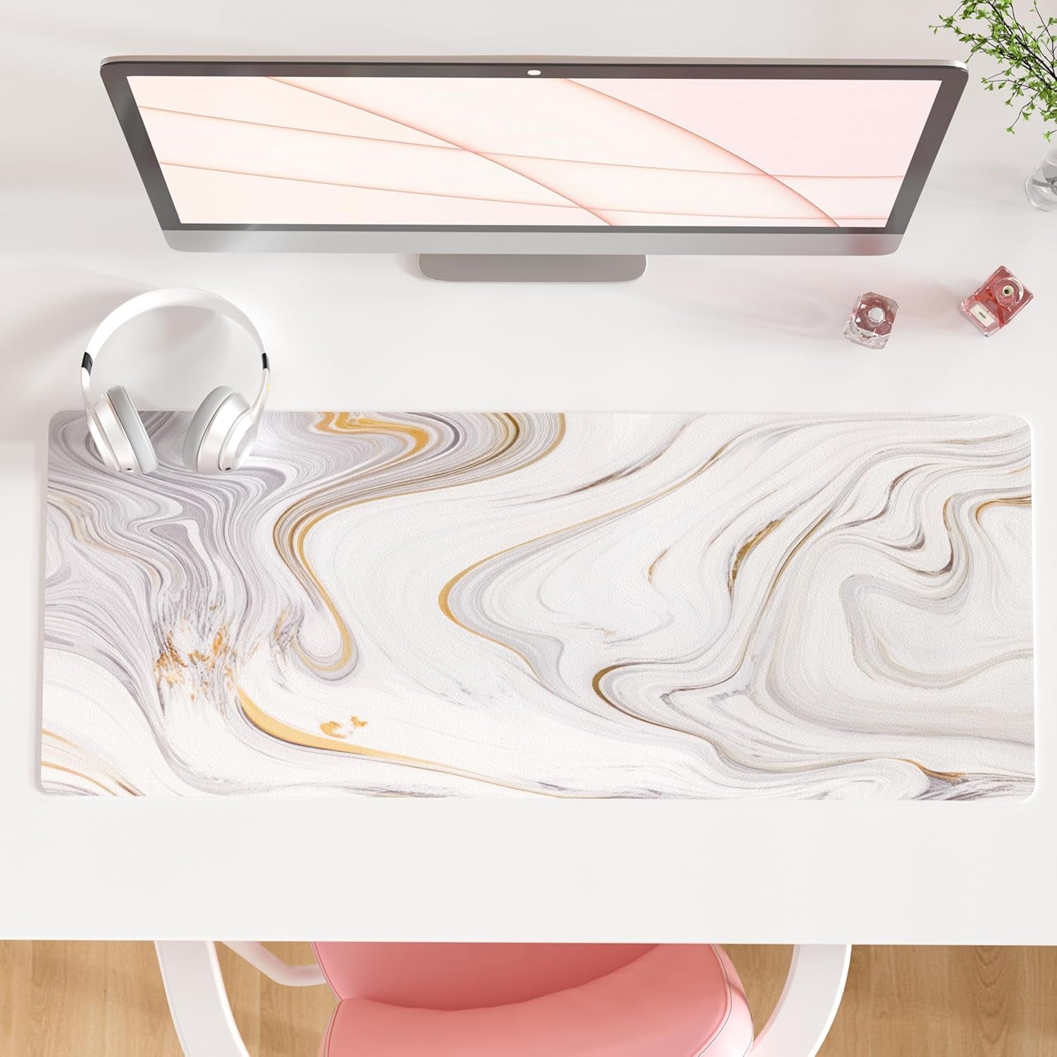 QIYI White Mouse Pad, Cute Marble Large Desk Mat, PU Leather Desk Protector Mousepad, Gold Grey Striped Waterproof Computer Keyboard Gaming Mouse Pads, Non Slip Extended Writing Pad 31.5" X 15.7"