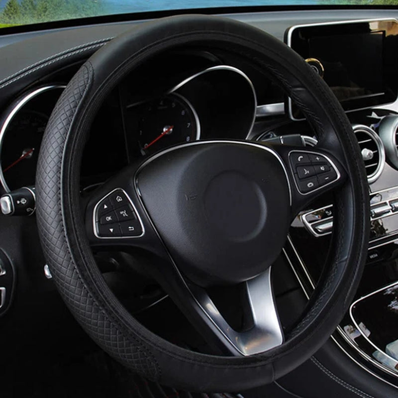 Premium Black Leather Steering Wheel Cover for 15" (37-38CM) - Enhanced Grip Car Accessory