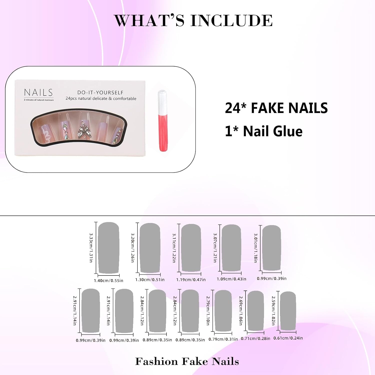 Gorgeous Purple Gradient Press-On Nails with Butterfly Rhinestone Designs - Long Square Full Cover Acrylic Nail Kit
