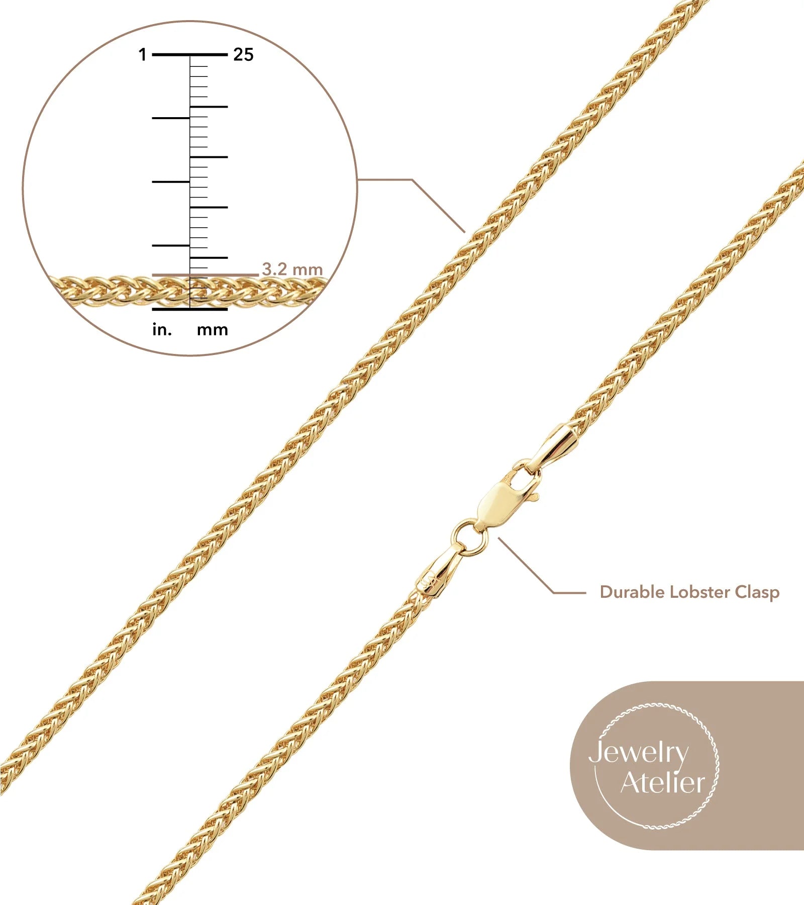 Jewelry Atelier Gold Chain Necklace Collection - 14K Solid Yellow Gold Filled round Wheat/Palm Chain Necklaces for Women and Men with Different Sizes (2.5Mm, or 3.2Mm)