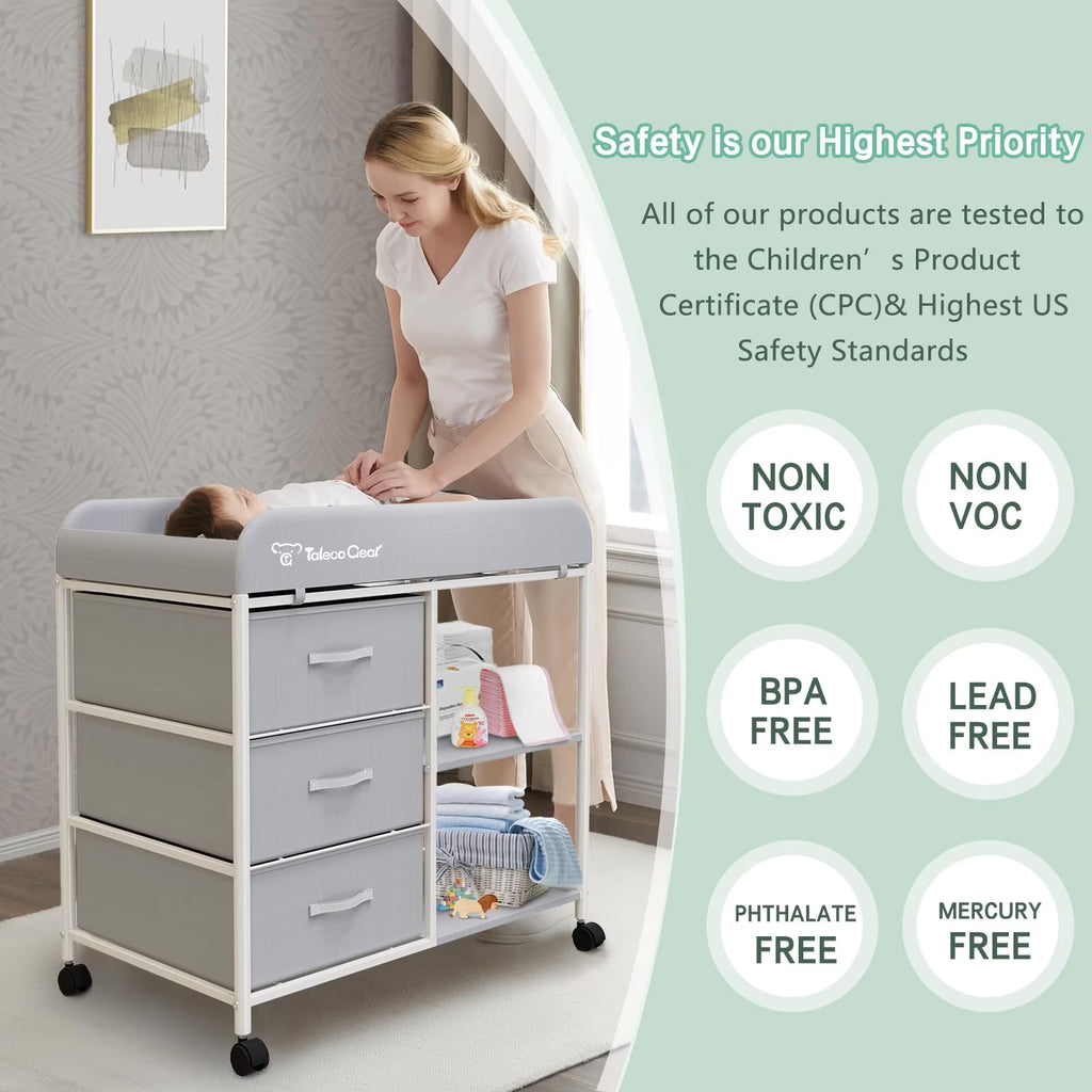 G TALECO GEAR Baby Changing Table, Portable Diaper Changing Station with Wheels, Nursery Organizer for Newborn and Infant, Light Gray