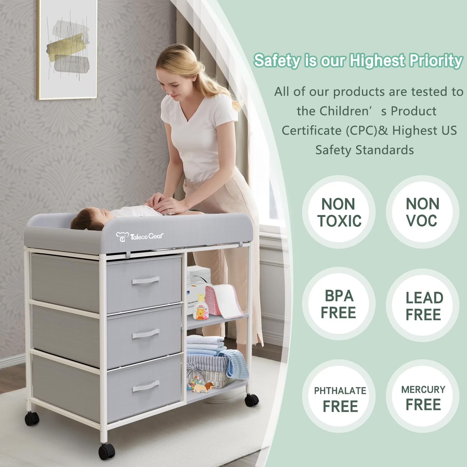 G TALECO GEAR Baby Changing Table, Portable Diaper Changing Station with Wheels, Nursery Organizer for Newborn and Infant, Light Gray