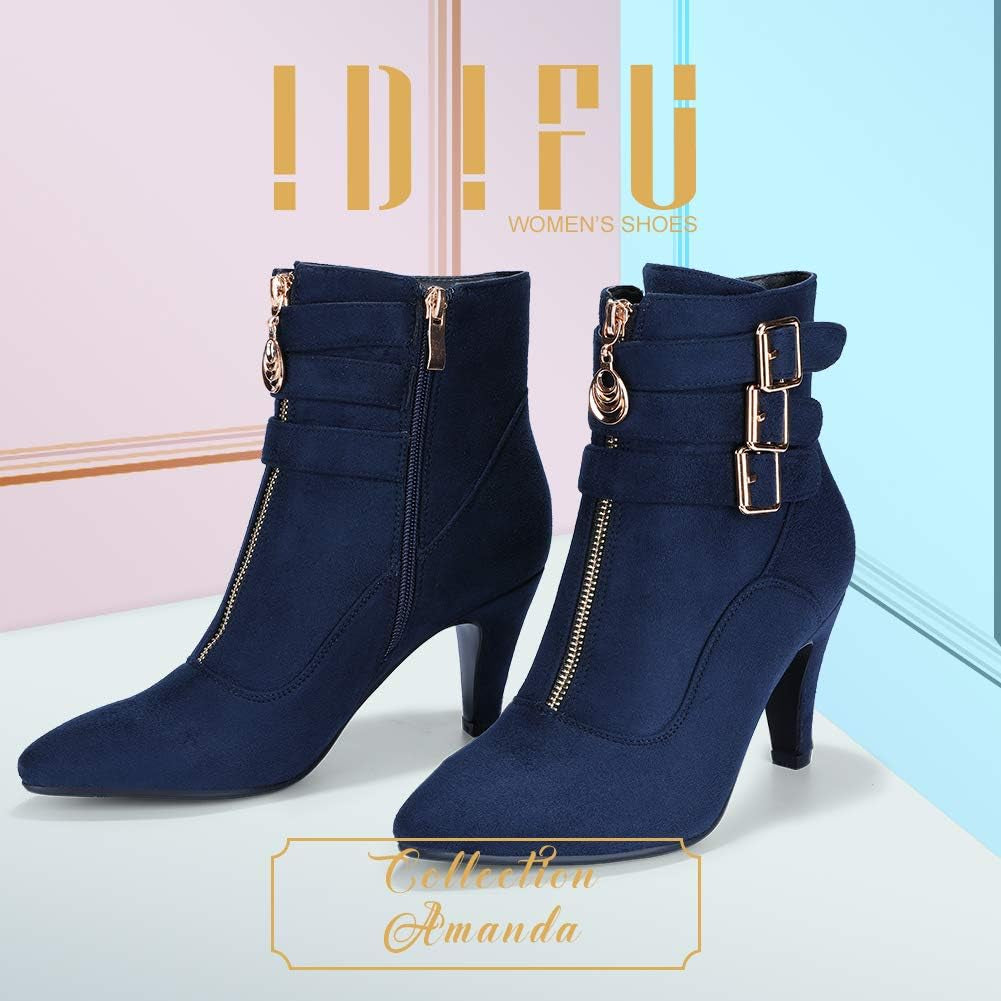 IDIFU Women'S Pointed Toe Metal Buckle Two Strap Ankle Booties Side Zipper Kitten Heel Dress Classic Short Boots