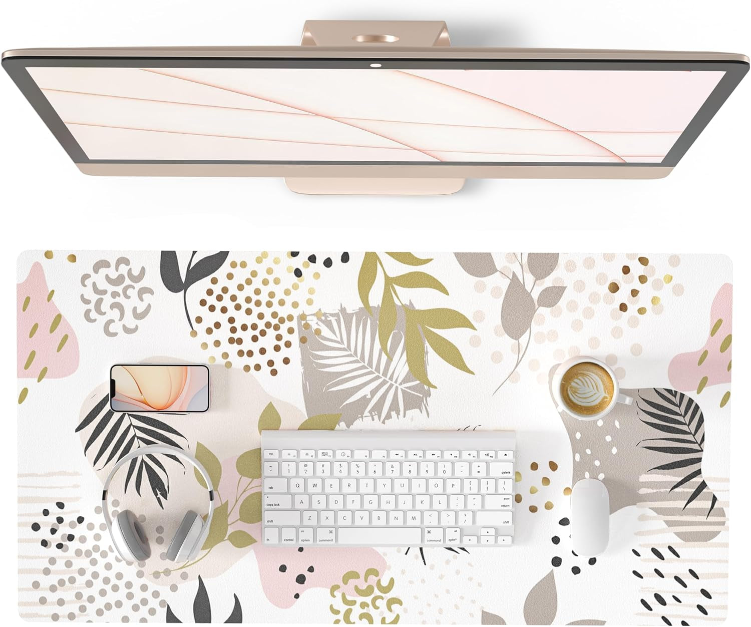 QIYI White Mouse Pad, Cute Marble Large Desk Mat, PU Leather Desk Protector Mousepad, Gold Grey Striped Waterproof Computer Keyboard Gaming Mouse Pads, Non Slip Extended Writing Pad 31.5" X 15.7"