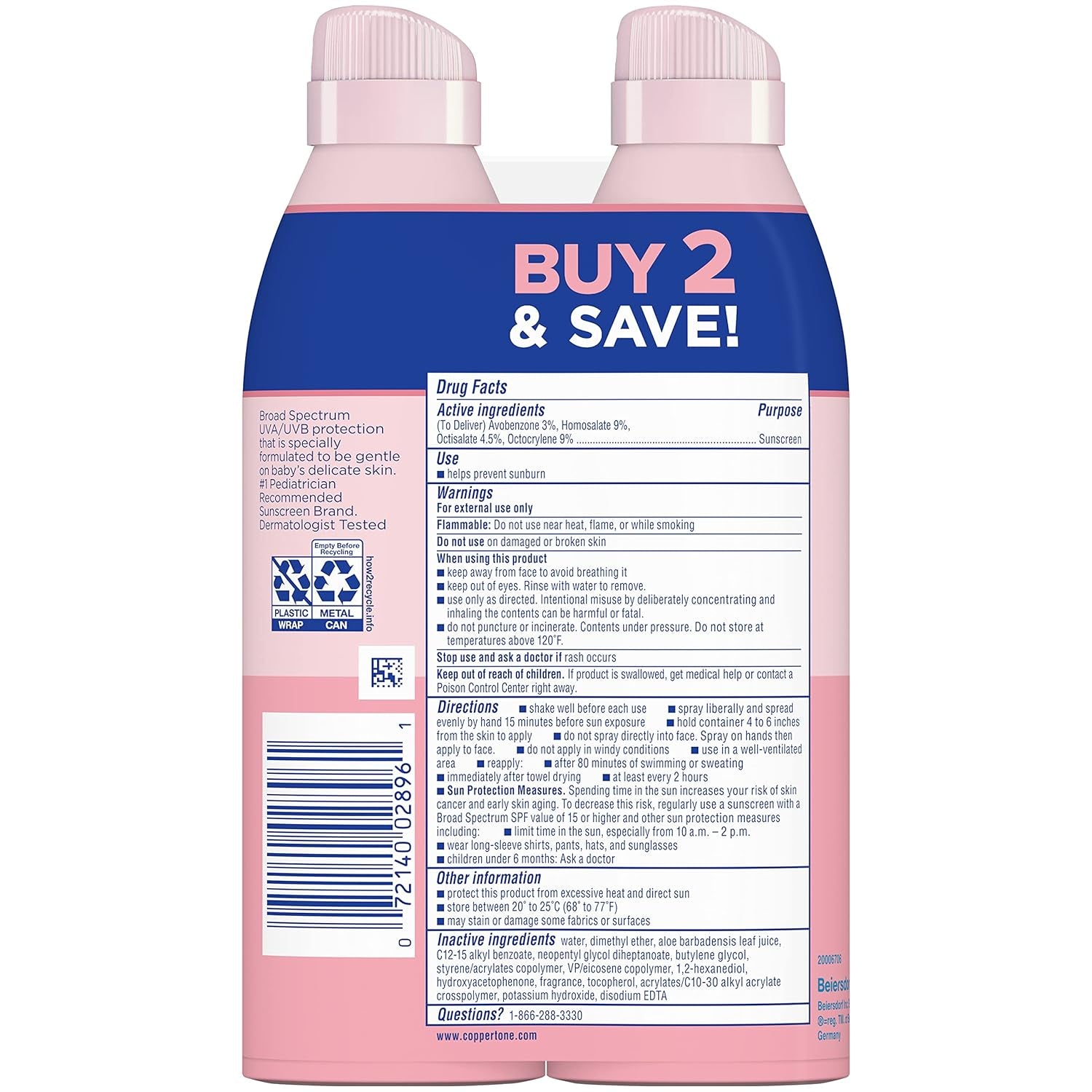 Coppertone Waterbabies Sunscreen Spray SPF 50, Spray on Sunscreen for Babies, Water Resistant, Pediatrician Recommended, 6 Oz, Pack of 2