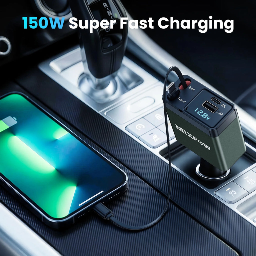 NEXPOW Retractable Car Charger Adapter, 150W Fast Charger for Car, 4 in 1 Car Phone Charger with Cables(2.6Ft), 180° Adjustable,Voltage Display-Green