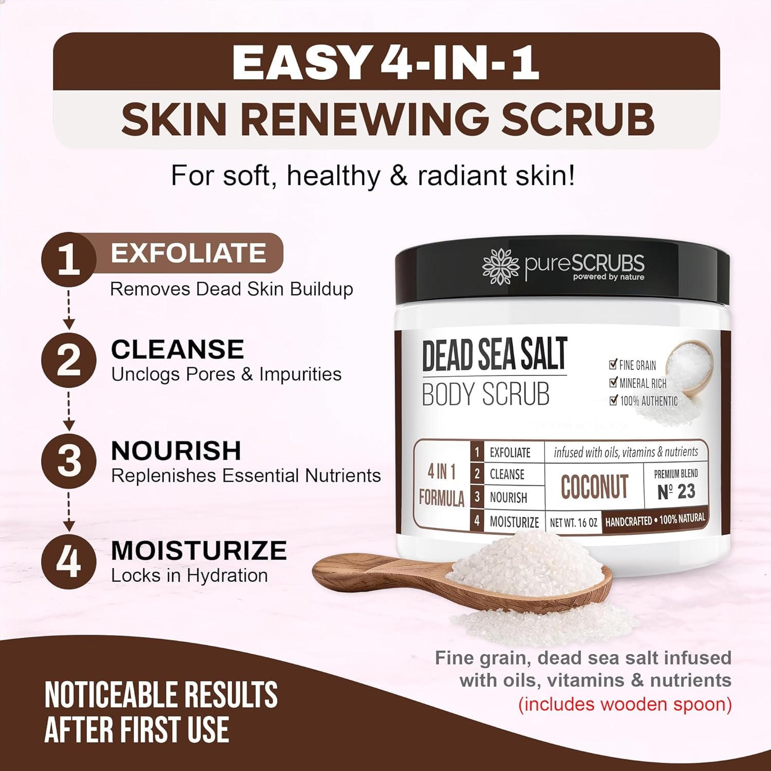 Purescrubs Premium Coconut Body Scrub Set - Large 16Oz Dead Sea Salt Body Scrub with Infused Essential Oils & Nutrients, Includes Wooden Spoon, Loofah & Oatmeal Exfoliating Bar Soap