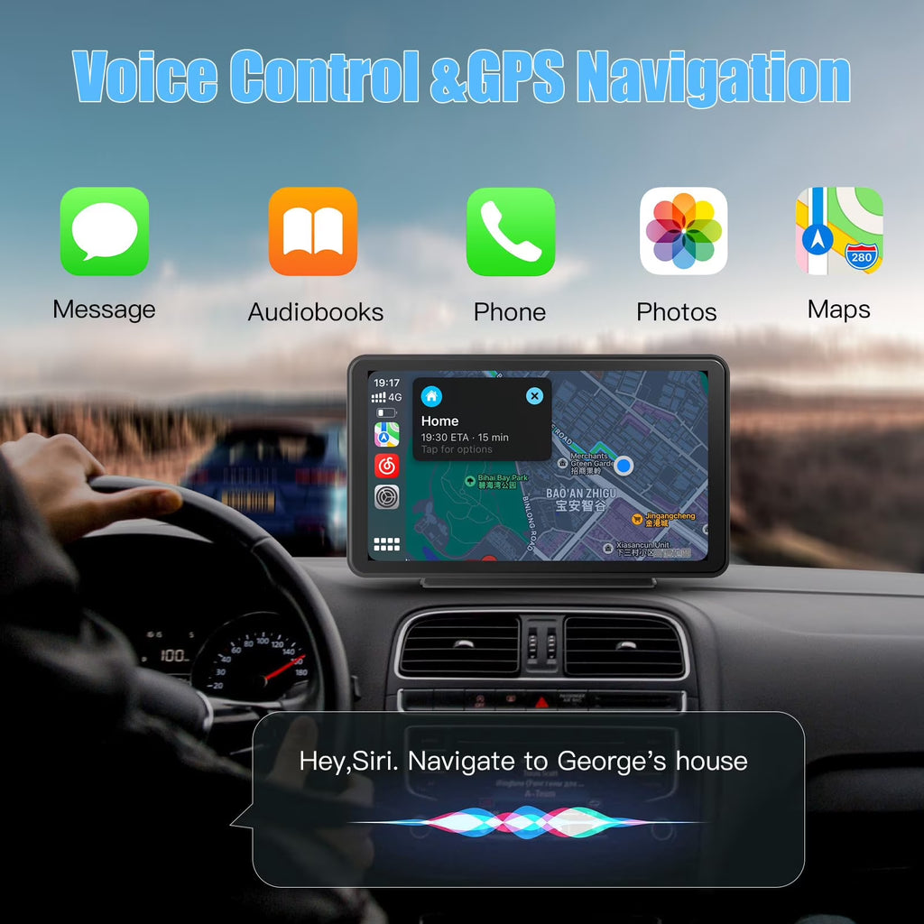 Carabc D7 Pro Portable Wireless Car Stereo with 7" Touchscreen, Carplay, Android Auto, Rear Camera