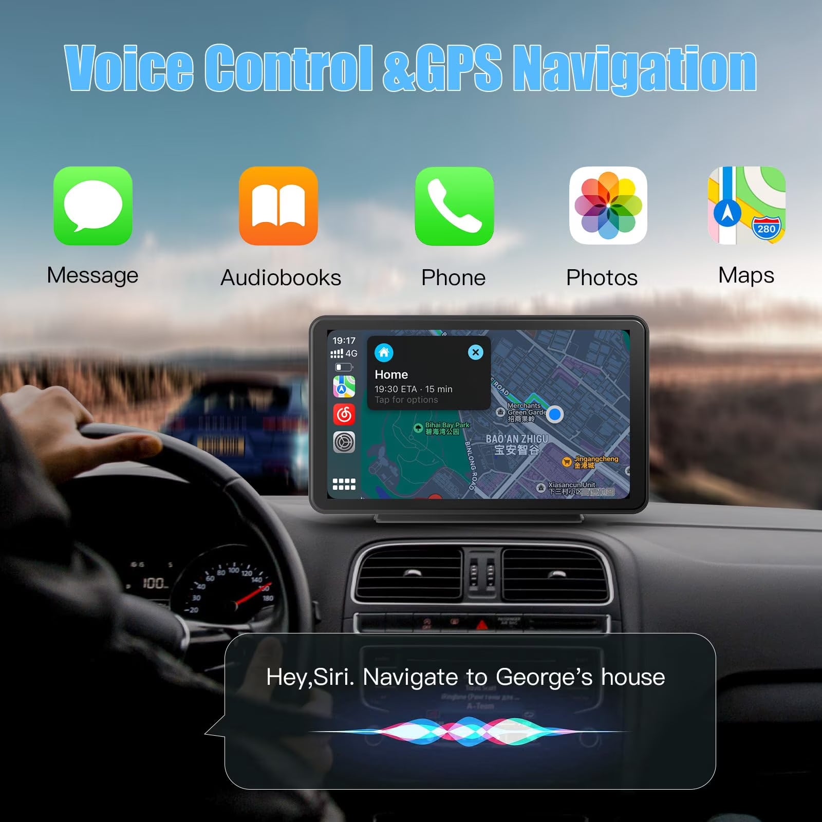 Carabc D7 Pro Portable Wireless Car Stereo with 7" Touchscreen, Carplay, Android Auto, Rear Camera
