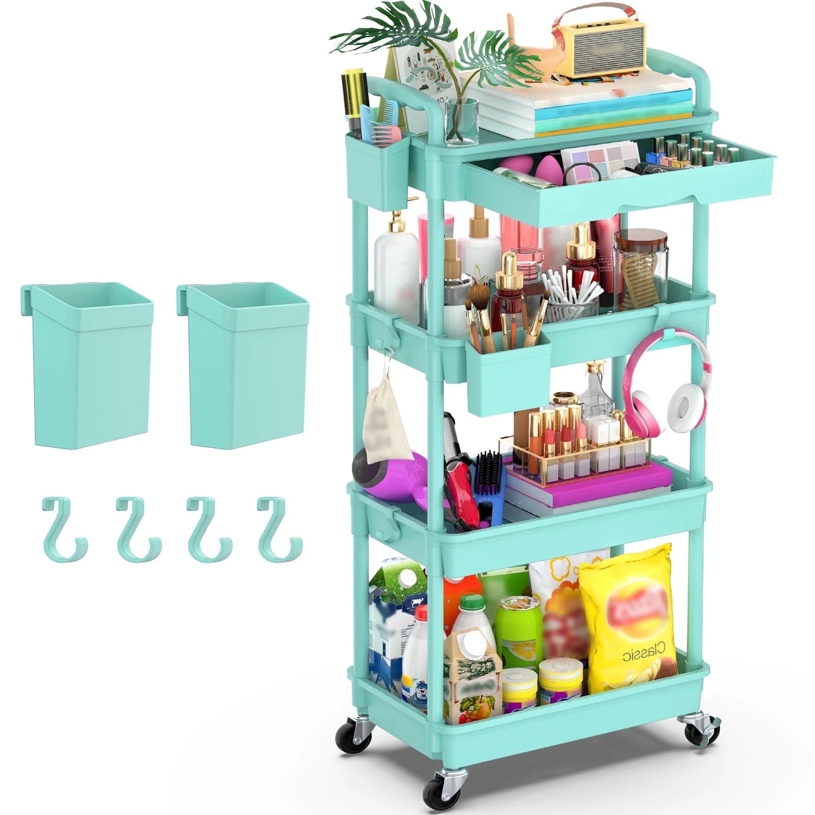 Yeabett 4 Tier Rolling Utility Cart Organizer with Removable Drawer, Mobile Storage Carts with 2 Lockable Wheels for Bathroom, Kitchen, Snack, Craft, Makeup, Baby Essentials, White