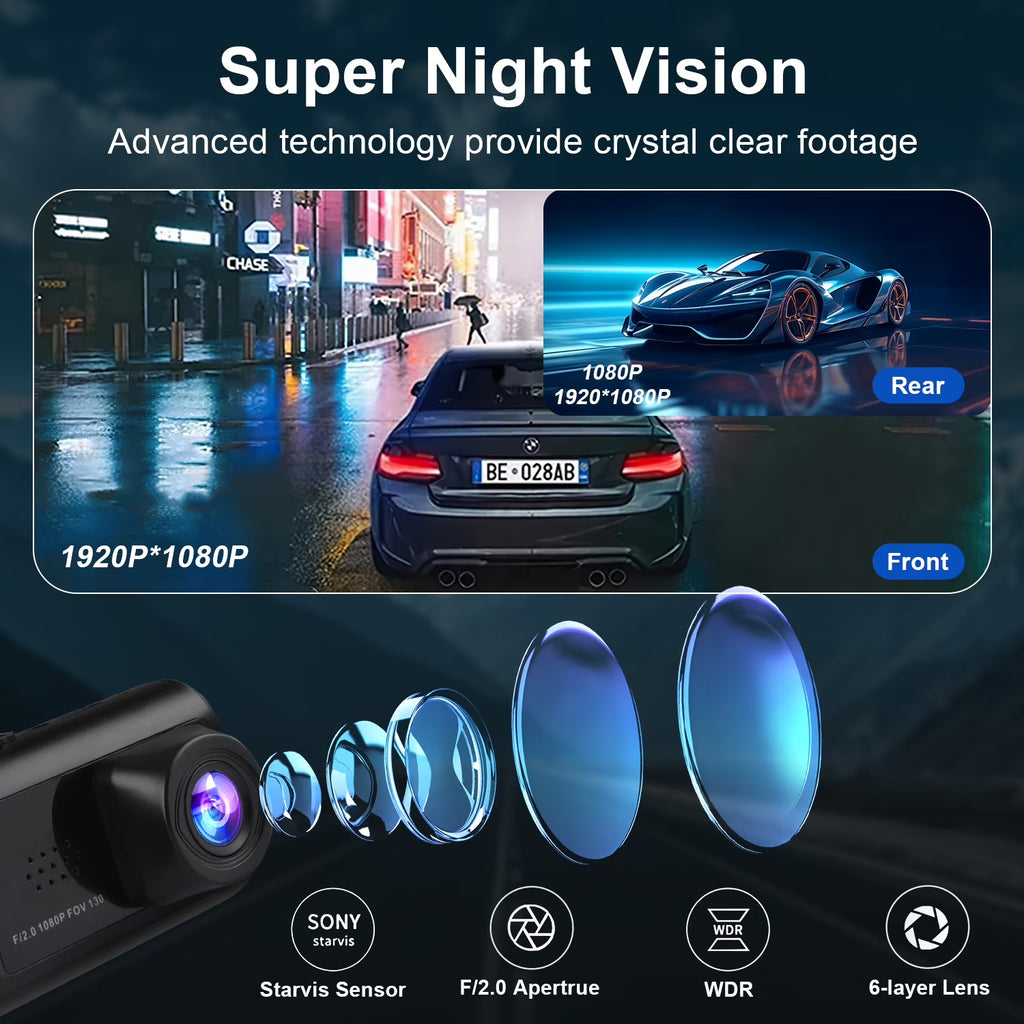 AILKIN Dash Cam Front and Rear,Full HD 1920P/1080P Dash Cam Wifi App 3 Channel Dash Cam Front and Rear inside 170°Wide Angle Loop Recording Dash Camera for Cars with Night Vision