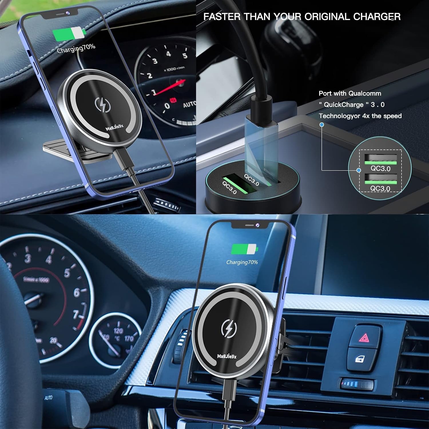 MAGJIEYX for Magsafe Car Mount Charger for Magnetic Wireless Charging for Iphone12/13/14/15/16Pro,Pro Max,Plus,Mini,Vent&Dashboard Strong Magnets Phone Holder with Fast 36W QC 3.0 Adapter(Dark Black)