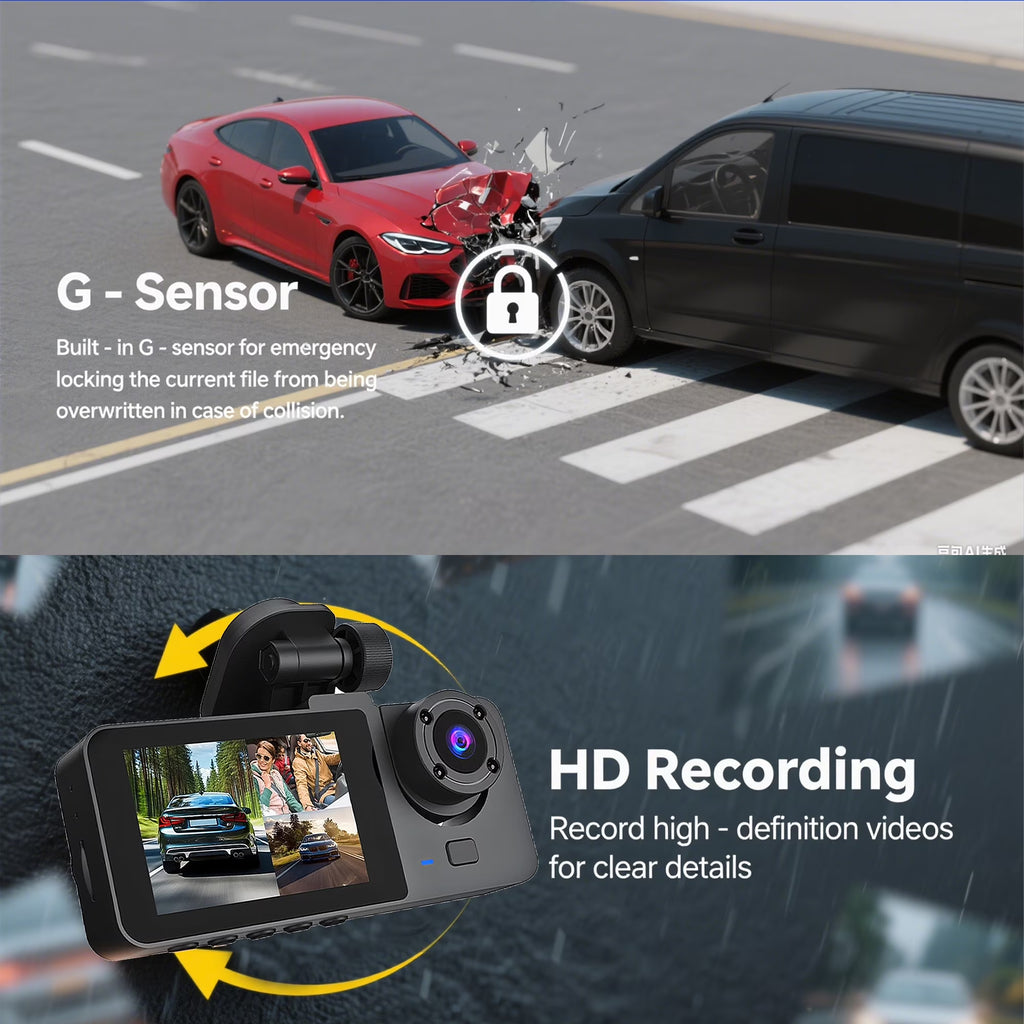 4K Full UHD 3-Channel Car Dash Cam - Front & Rear Cameras with 32GB Card, 2.0'' IPS Screen, Super Night Vision, WDR & Parking Monitoring