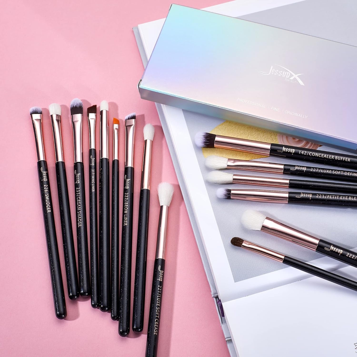 Jessup 15Pcs Professional Makeup Brushes Set Make up Brush Tools Kit Eye Liner Shader Wood Handle Natural-Synthetic Hair Brushes Pearl Black/Rose Gold T157