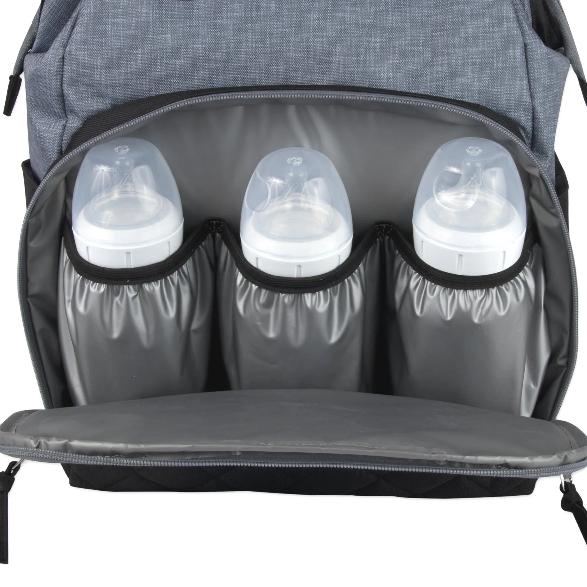 Baby Essentials Super Cooler Main Frame Dual Zipper Closure Diaper Bag Backpack Tote with Matching 6-Ply Changing Pad, Insulated Bottle Pockets and Stroller Straps in Black & Gray