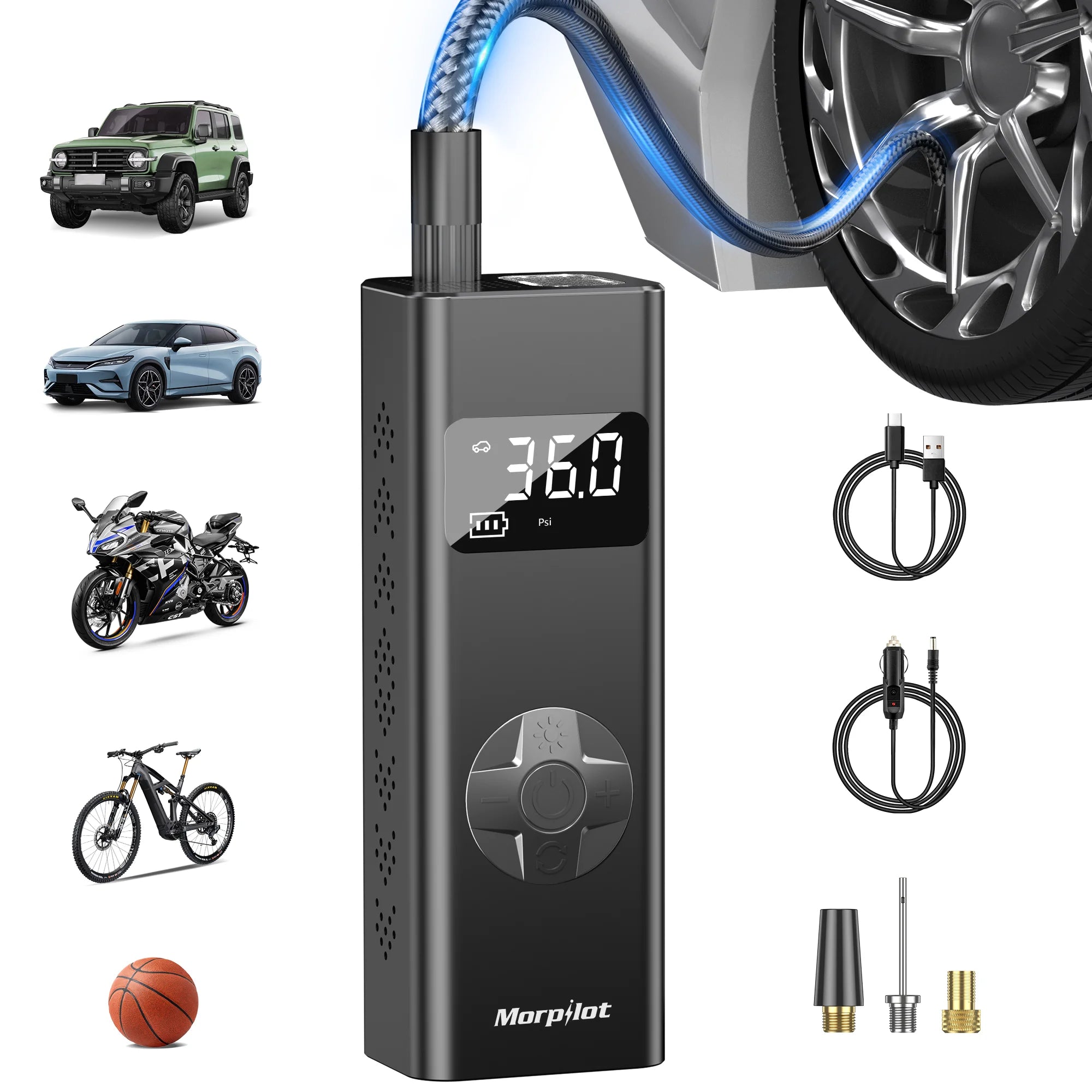 Tire Inflator Portable Air Compressor, 3-150PSI 12V DC Electric Air Pump for Car Tires with Tire Pressure Gauge, Bike Tire Pump with LED Light for Car SUV ATV Motorcycle Bike