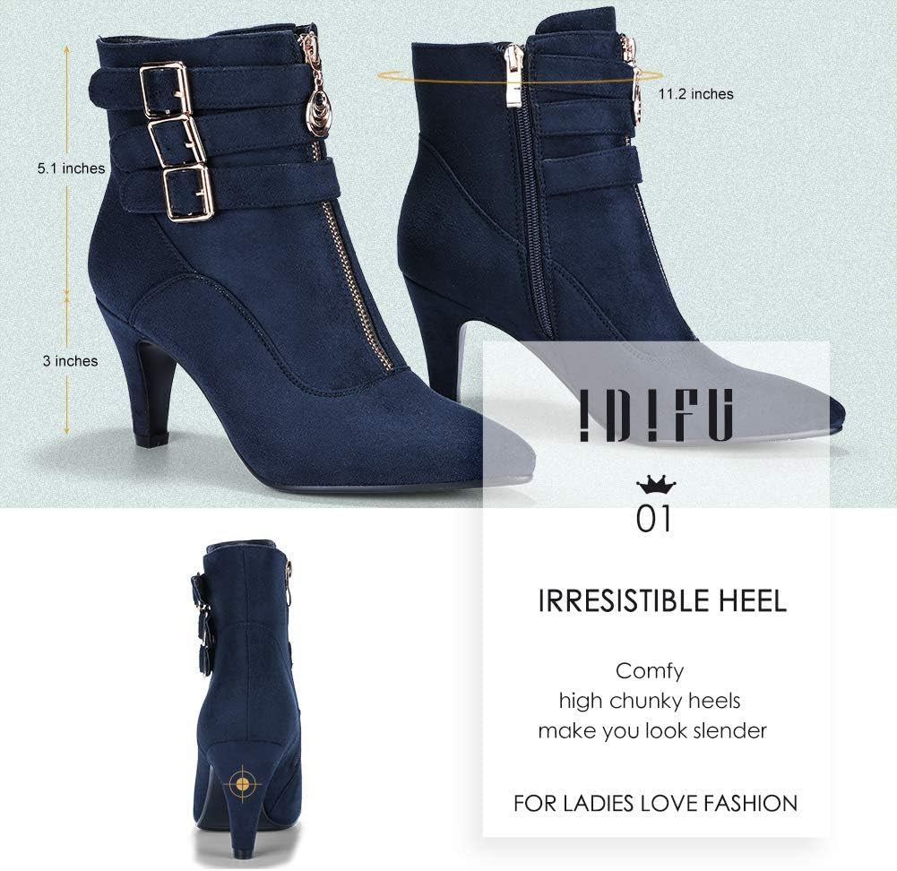 IDIFU Women'S Pointed Toe Metal Buckle Two Strap Ankle Booties Side Zipper Kitten Heel Dress Classic Short Boots