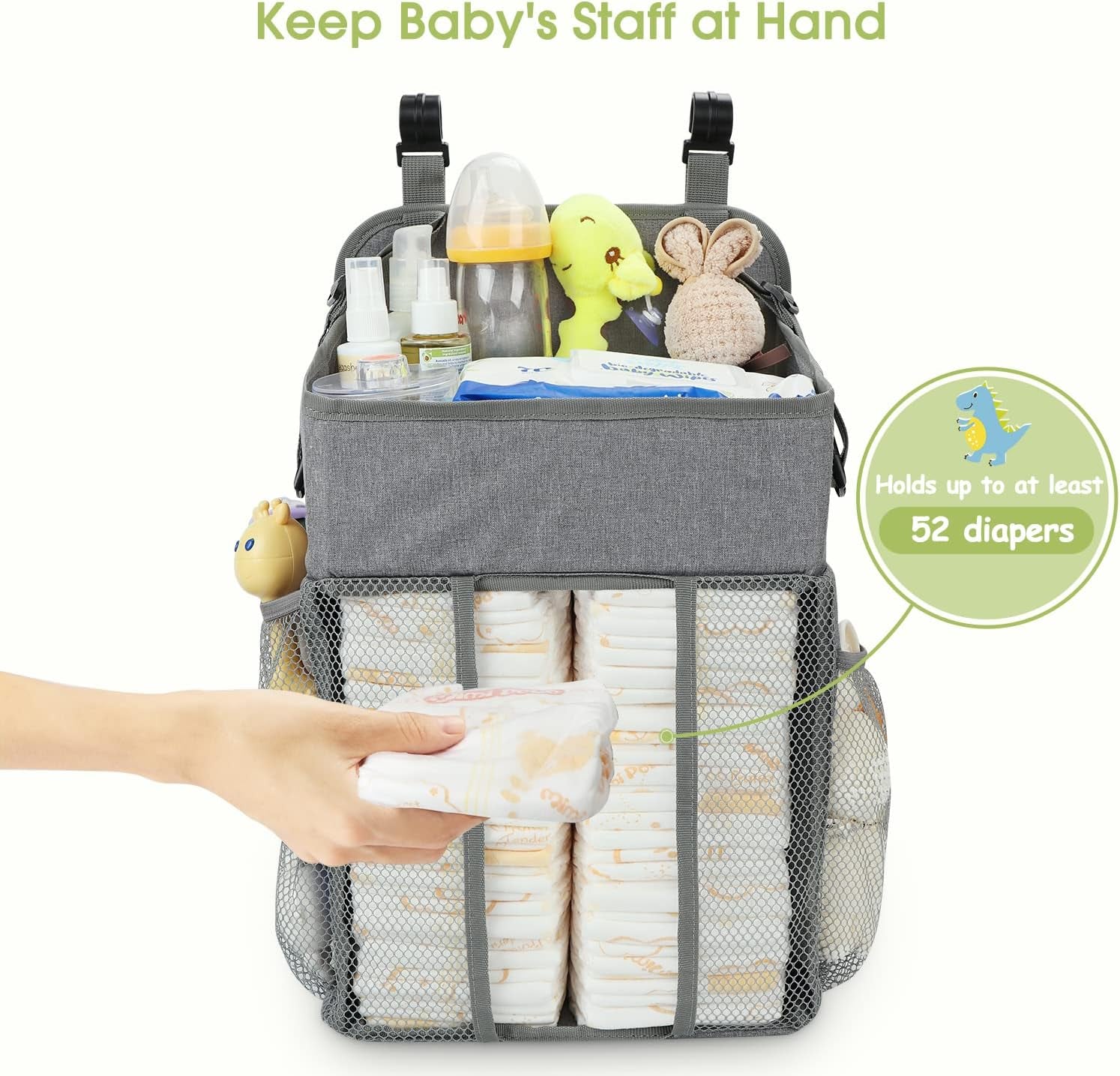 Maliton Changing Table Diaper Organizer - Baby Hanging Diaper Stacker Nursery Caddy Organizer for Cribs Playard Baby Essentials Storage (Gray)