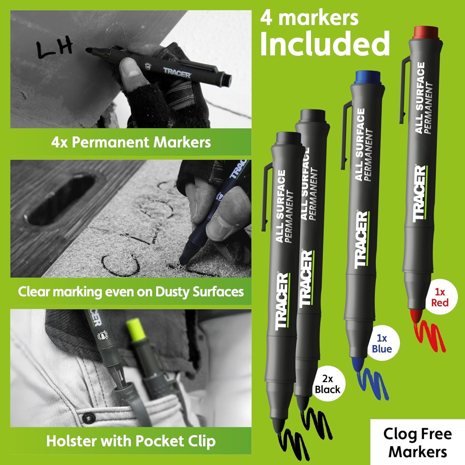 Tracer 8 Piece Construction Marker Kit - Deep Hole Carpenter Pencil Set, 2 Deep Hole Marking Pen, and Four Heavy Duty Clog-Free Markers, 2.8Mm Replacement Leads & Storage Case for Woodworking Tools