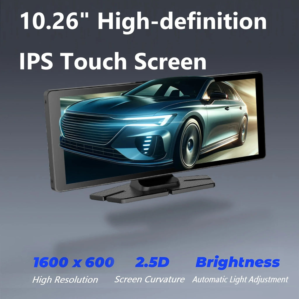 Pecham 10.26" Wireless Apple Carplay with Bluetooth, 4K 1080P Dual Dash Camera Front and Rear, Portable Car Stereo GPS Navigation with Car Audio, Airplay, Mirror Link, 64GB TF Card