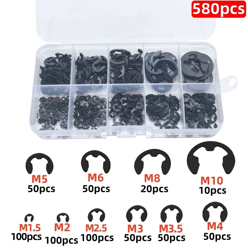 120/580-Piece Carbon Steel E-Clamp Washer Combo Kit Circlip Retaining Ring for Shaft Fasteners