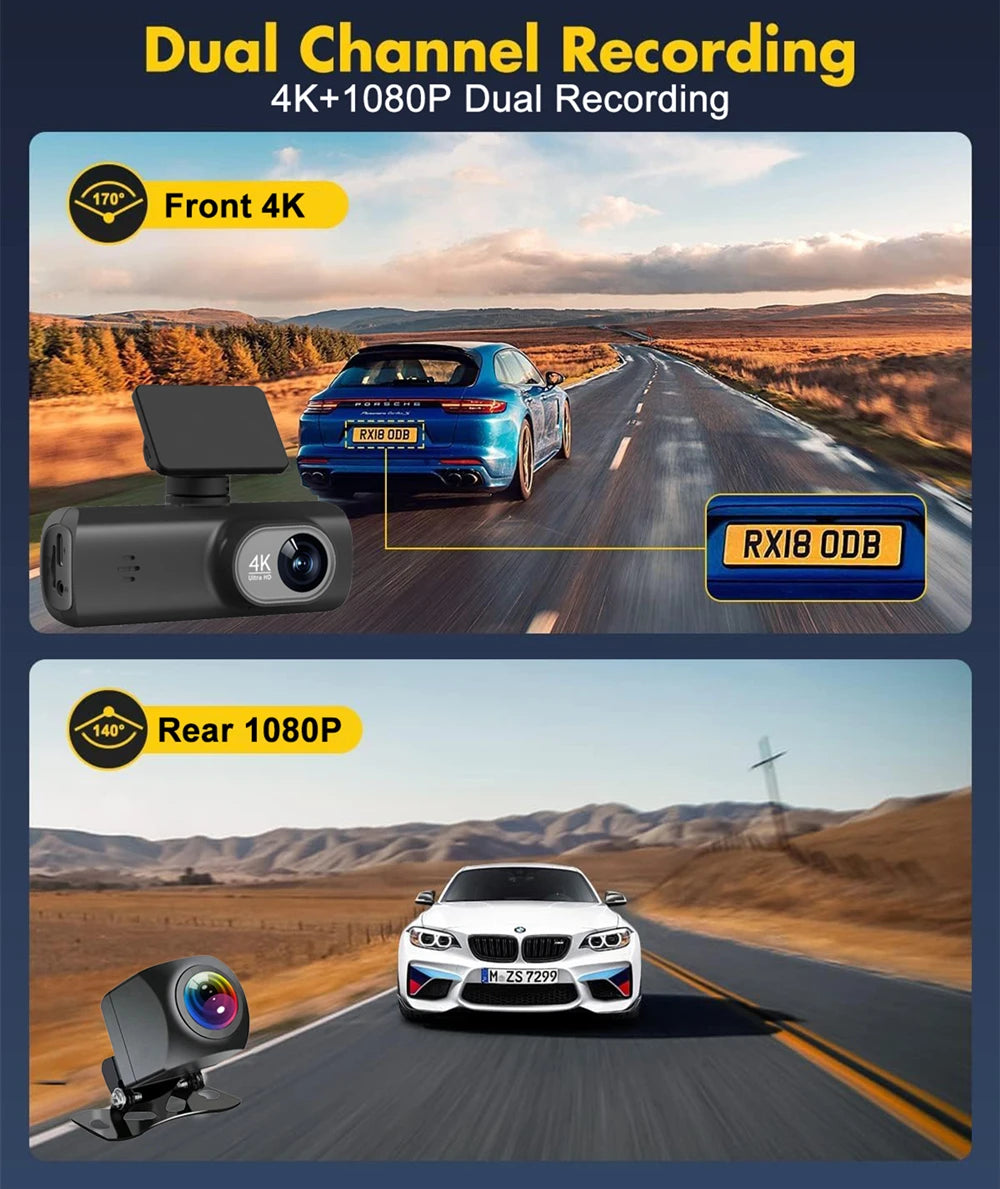 Dash Cam 4K UHD for Car Camera Front Rear Dual Lens with GPS Wifi 24H Parking Mode Night Vision Car DVR Video Registrator