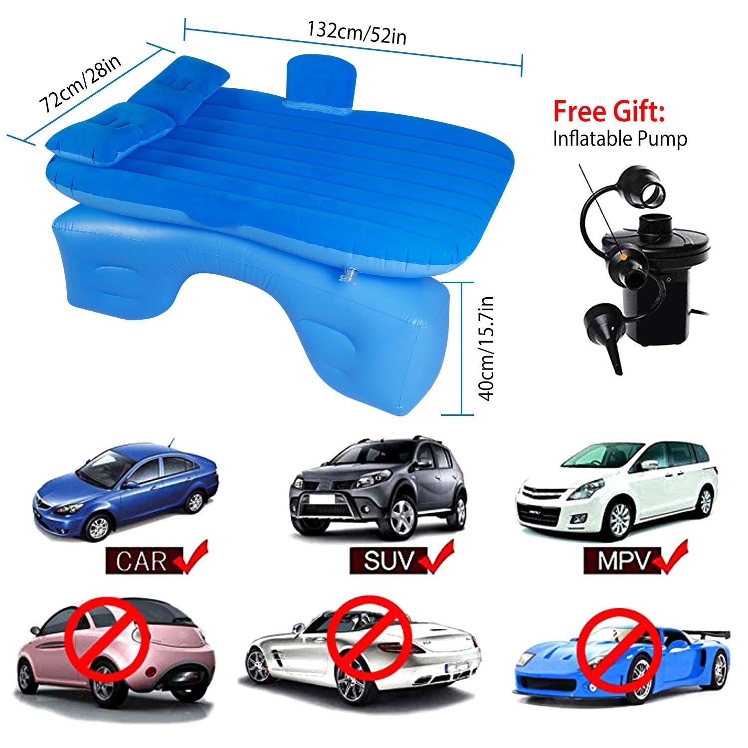 Inflatable Travel Car Mattress with Air Bed for Back Seat Comfort, Includes Two Pillows and Pump