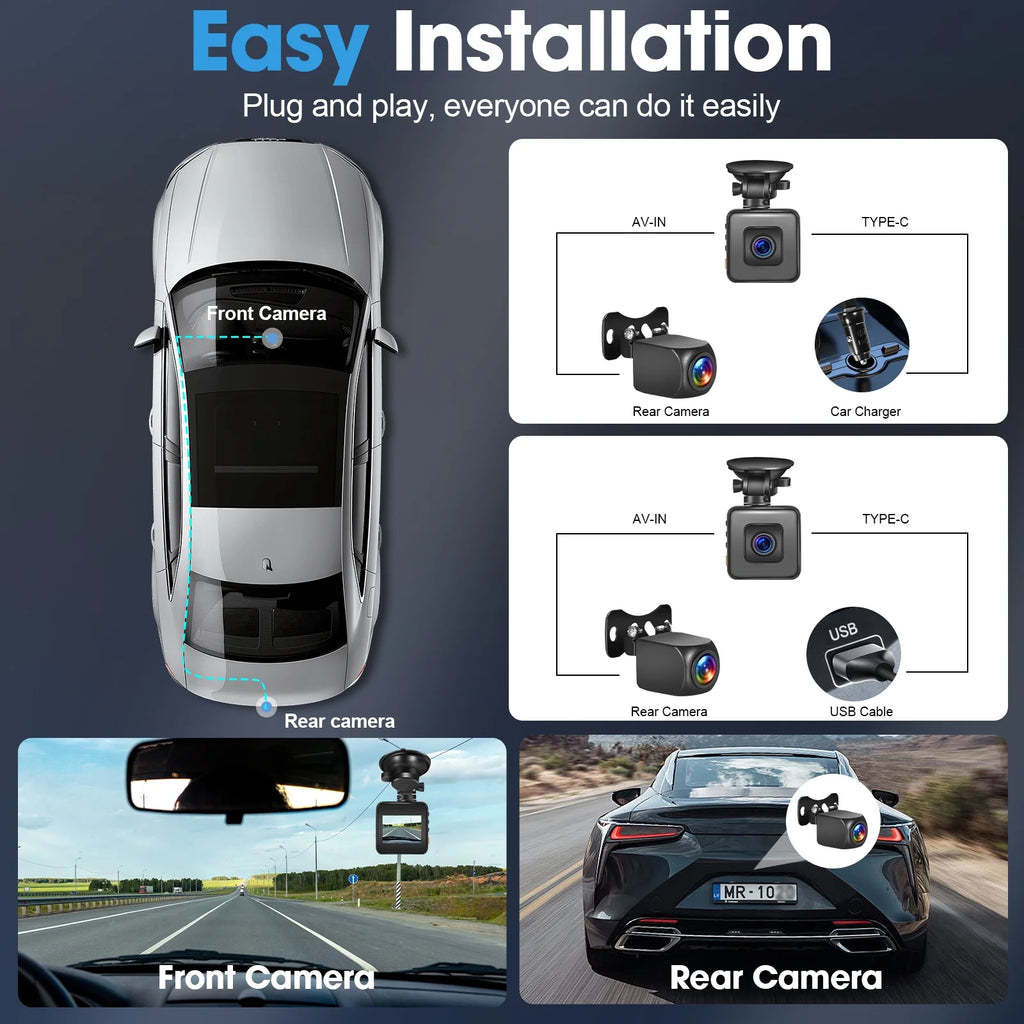 Dual Dash Cam for Cars, 1080P Full HD Dash Camera Front and Rear, G-Sensor Dashcam, Night Vision, 24H Parking Mode, Loop Recording, Support 256GB Max