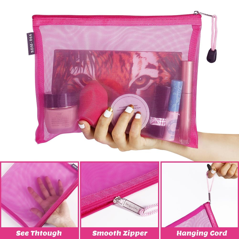 Stylish 6-Pack Rose Mesh Cosmetic Bags - Versatile Nylon Makeup Pouches with Zipper for Home, Office, and On-the-Go!