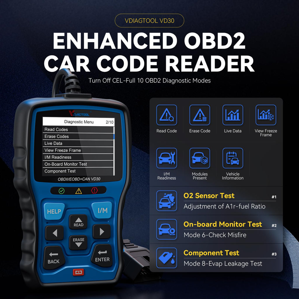 VDIAGTOOL VD30 Enhanced OBD2 Scanner, Universal Check Engine Light Car Code Reader, Auto Diagnostic Tool for All OBDII Vehicles, Free Update