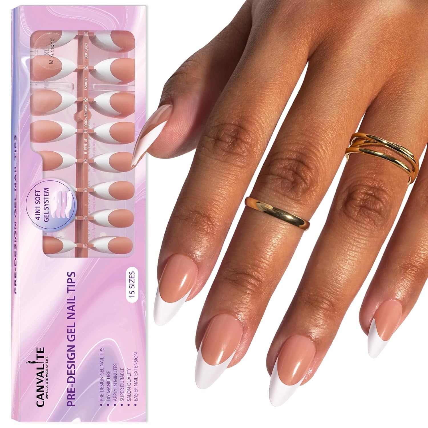 Canvalite 300Pcs French Tip Press on Nails - Pre-Colored Almond Fake Nails with Designs for Quick & Easy DIY Nail Extensions - Perfect Valentines Day Gift in Pink & White