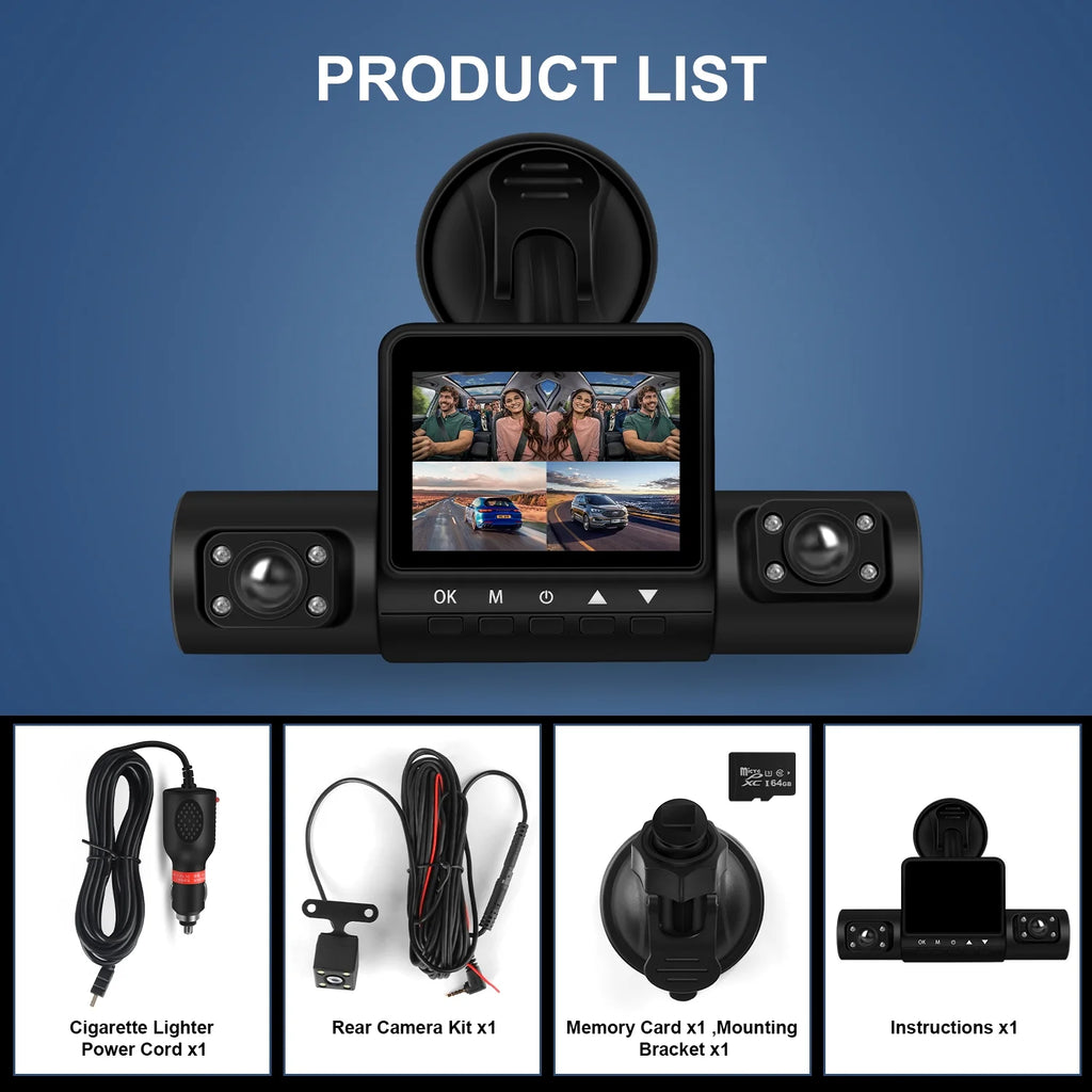 AILKIN 4 Channel Dash Cam Front and Rear,Left,Right,Full HD 1080P Dash Cam Front and Rear inside Loop Recording Dash Camera for Cars with Night Vision,Free 64GB Card