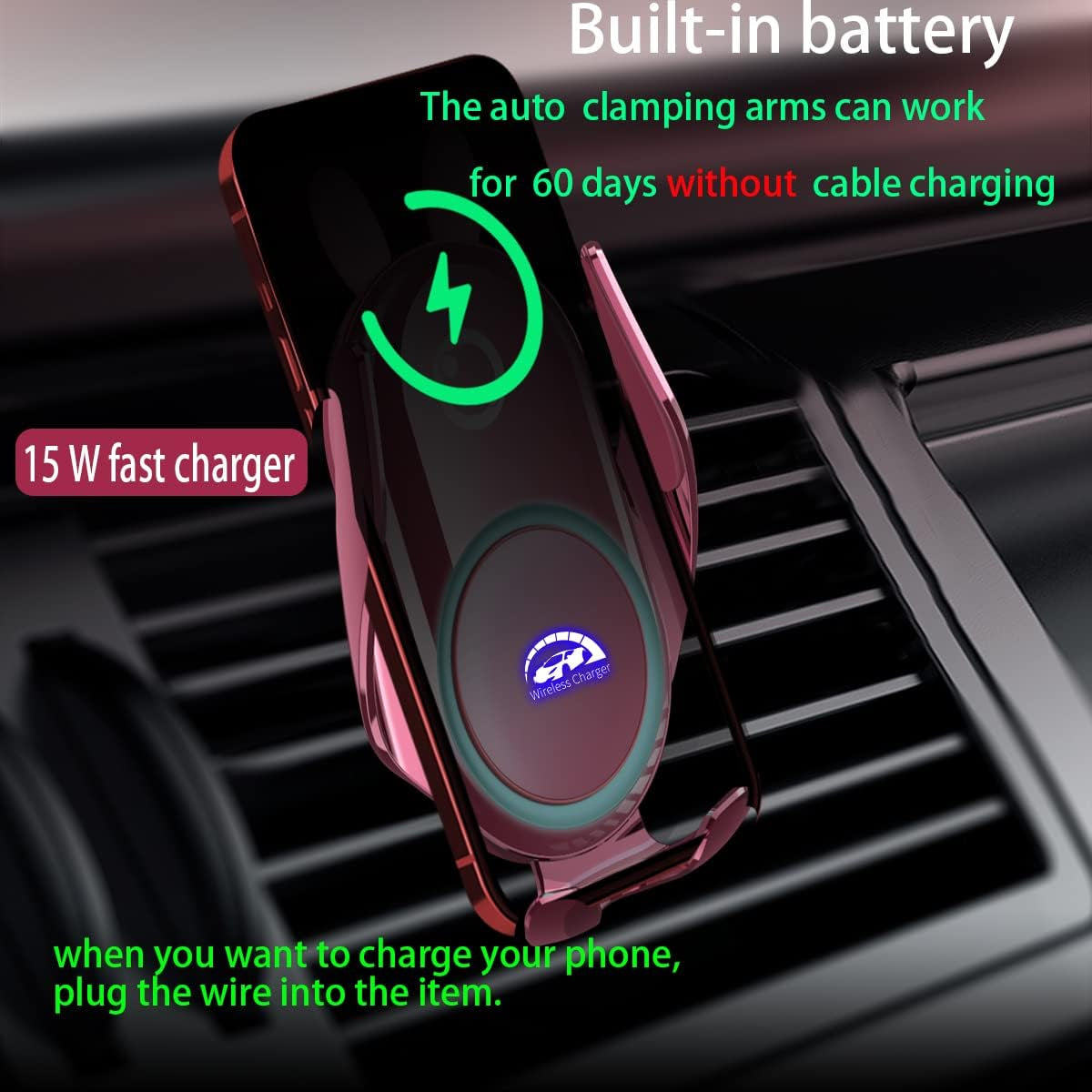 Wireless Car Charger Mount, Auto-Clamping,15W Dashboard Vent, Pink Cute Car Phone Holder Women for Iphone Samsung Andriod Phone