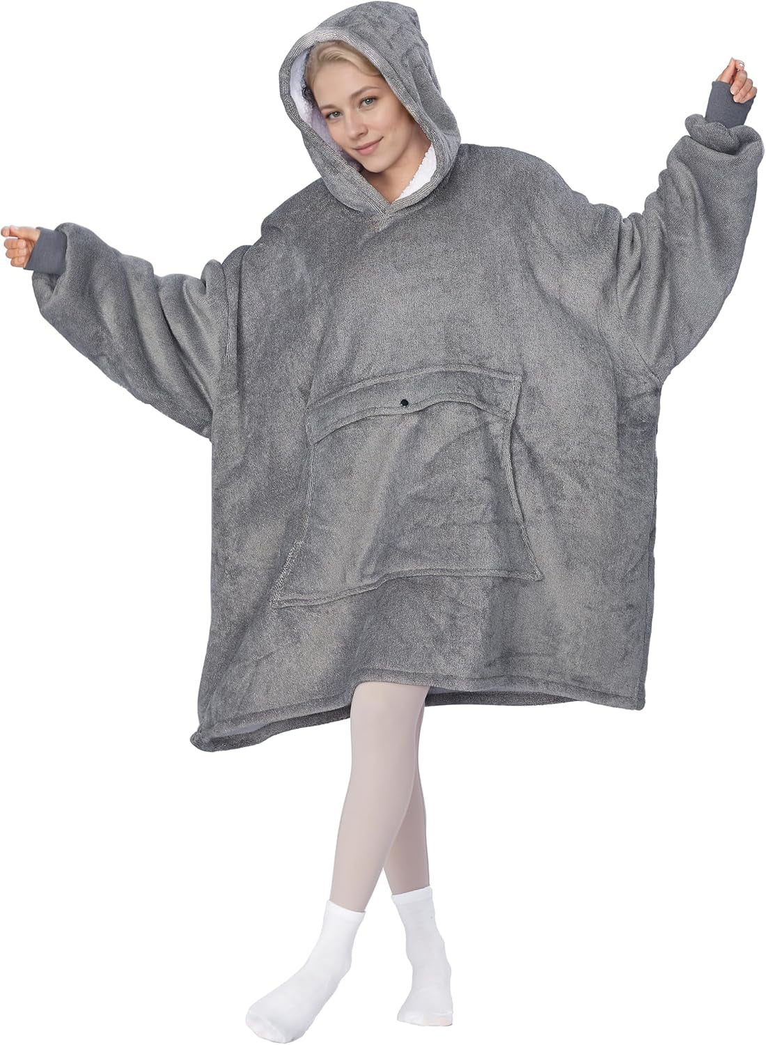 Cozy Up with Tirrinia Extra Long Oversized Sherpa Hoodie Blanket - Perfect Christmas Gift for Men, Women, and Teens in Grey!