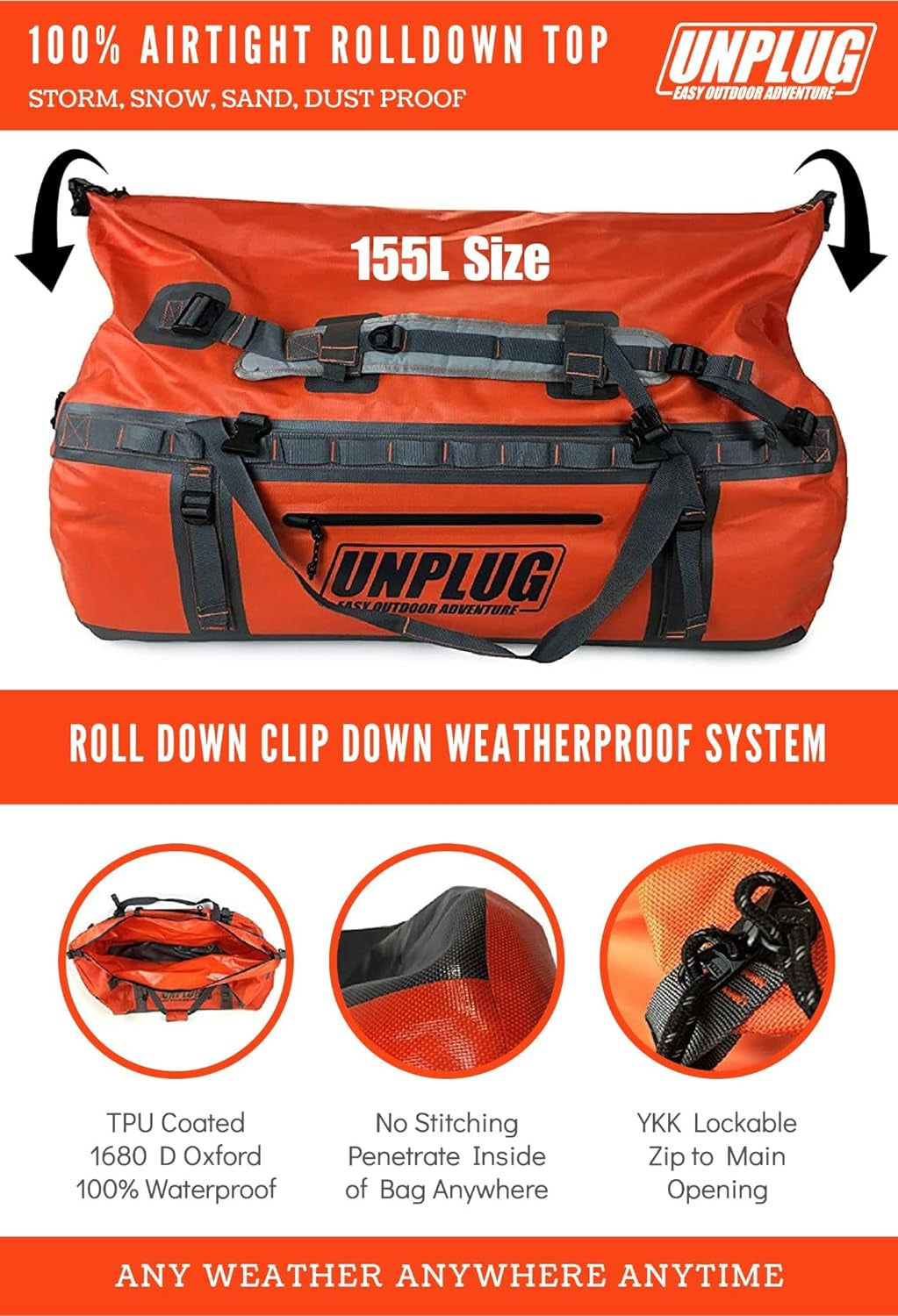 UNPLUG Ultimate Adventure | 1680D Heavy Duty Waterproof Bag | Large Travel Bag Which Can Be Used for Camping, Motorcycling, Boating, or Hunting|155L Adventure Orange